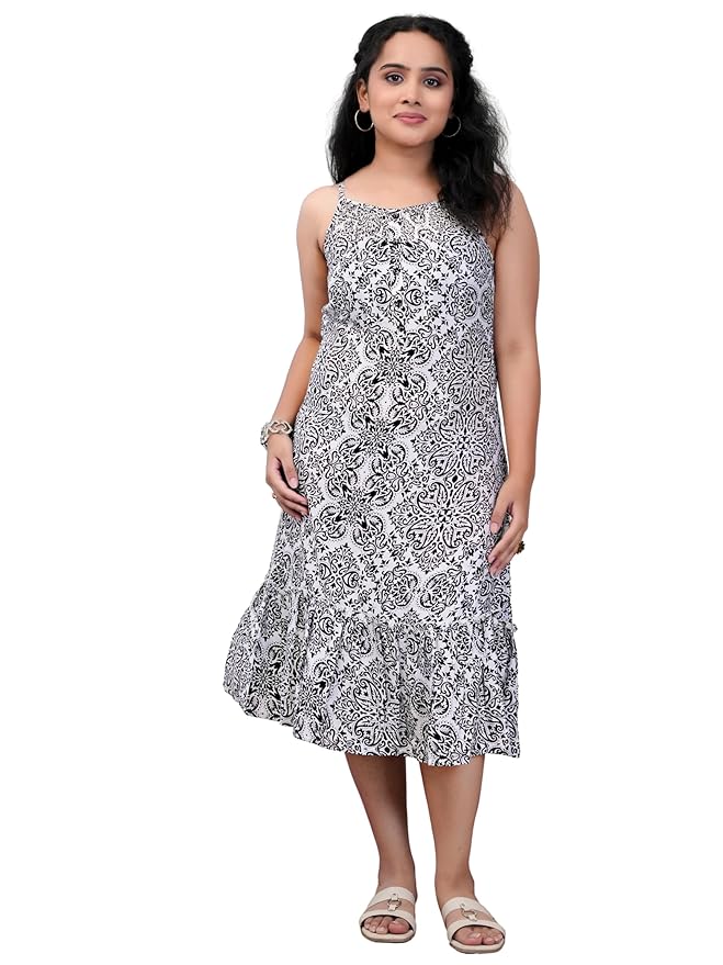 Yash Gallery Women’s Geometric Print Adjustable Spaghetti Straps A-Line Midi Dress | Lightweight Summer Dress with Frill Hem | Casual for Office, Brunch & Vacations