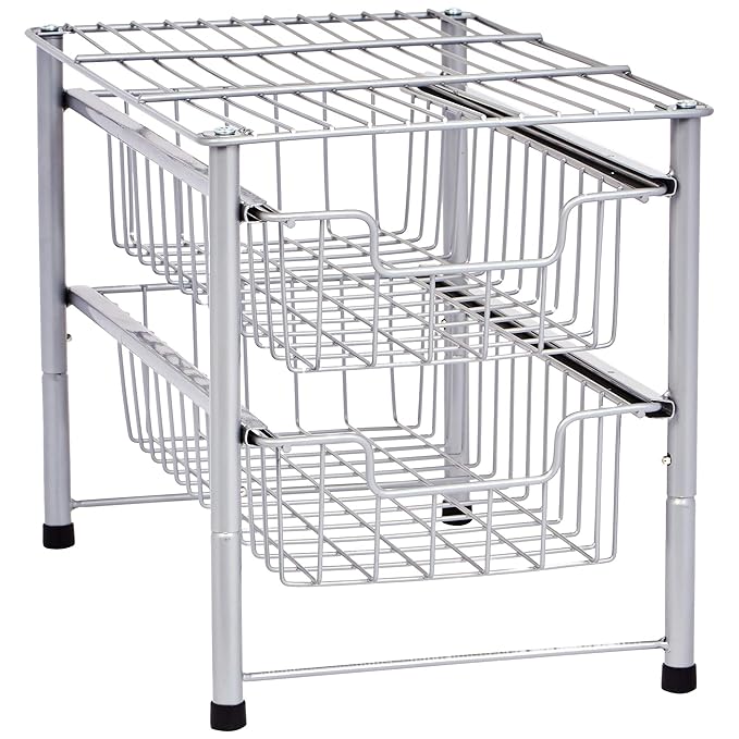 amazon basics 2-Tier Sliding Drawers Basket Storage Organizer, Silver