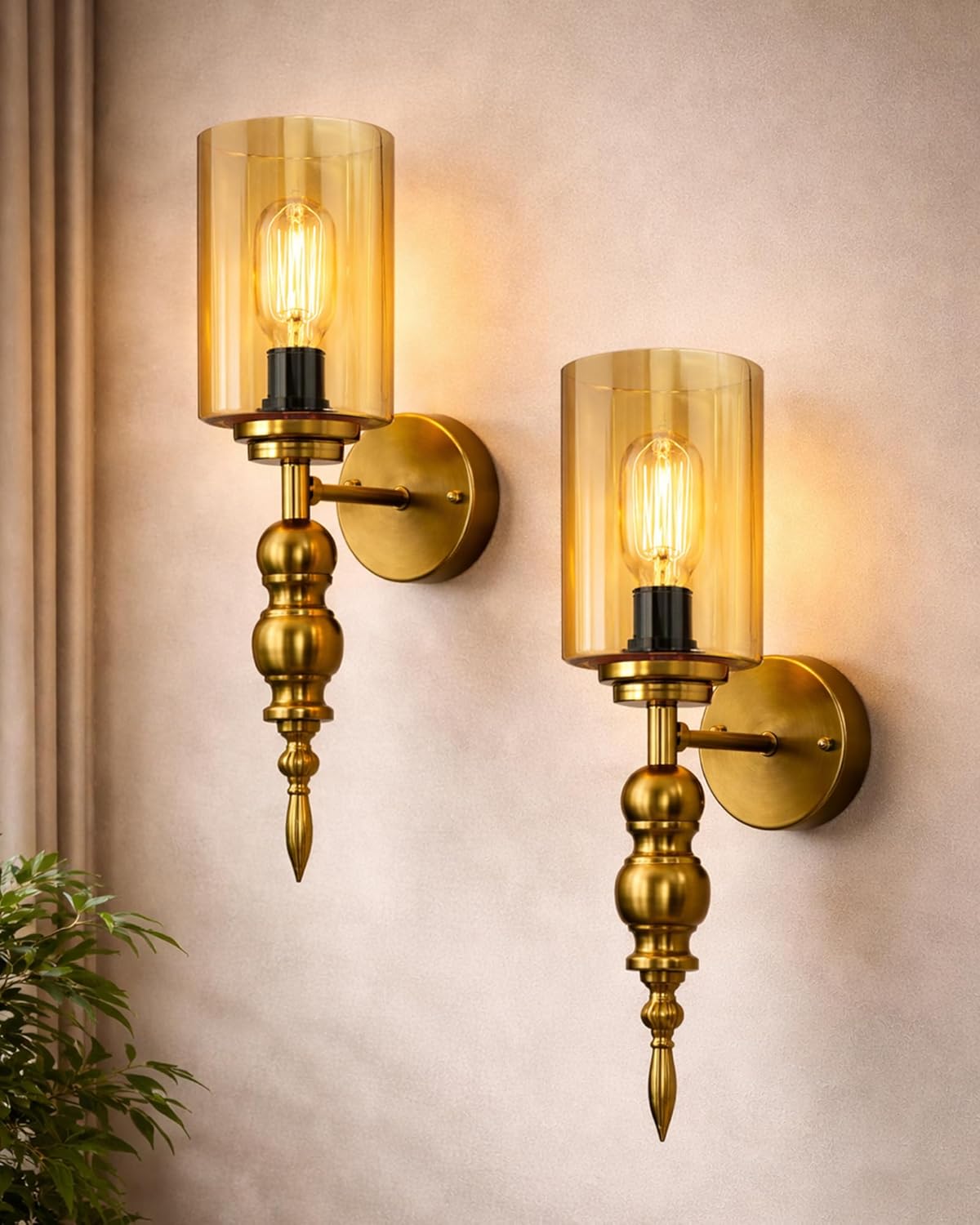 Homesake® Mid-Century Modern Metal and Glass Wall Light, Brushed Gold, Lamp Fixture for Bedroom Vanity Bathroom, Hotel (Amber, 2)