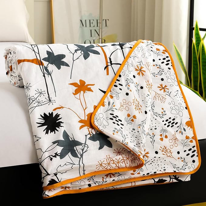 Story@Home Dohar Single Bed 100% Cotton AC Blanket for Summer|144x 220CM, 150GSM Ac Comforter |White & Yellow Floral Pattern Reversible Duvet Quilt, All-Season Blanket