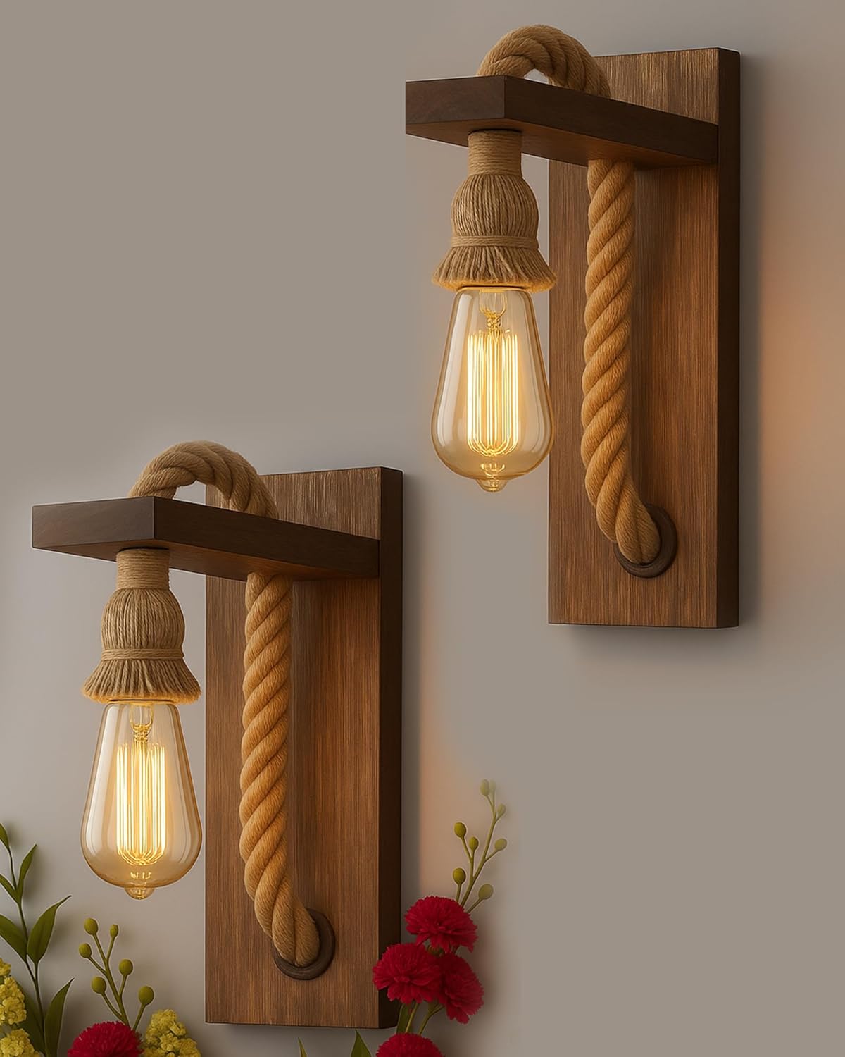 Homesake Wooden Rope Wall Lamps, Home Decor Items E27 Holder Lantern Light Vintage Wall Hanging Antique Decorative Fancy Light for Wall Home, Living Room, Bedroom, Wall Decor | Pack of 2