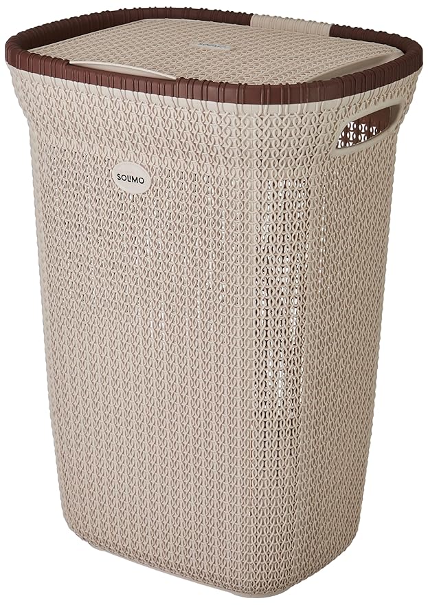 Amazon Brand - Solimo Knit Laundry Basket - Big - 55 Litres - 44 Cm X 35 Cm X 61 Cm | Royal Light Brown - Polypropylene