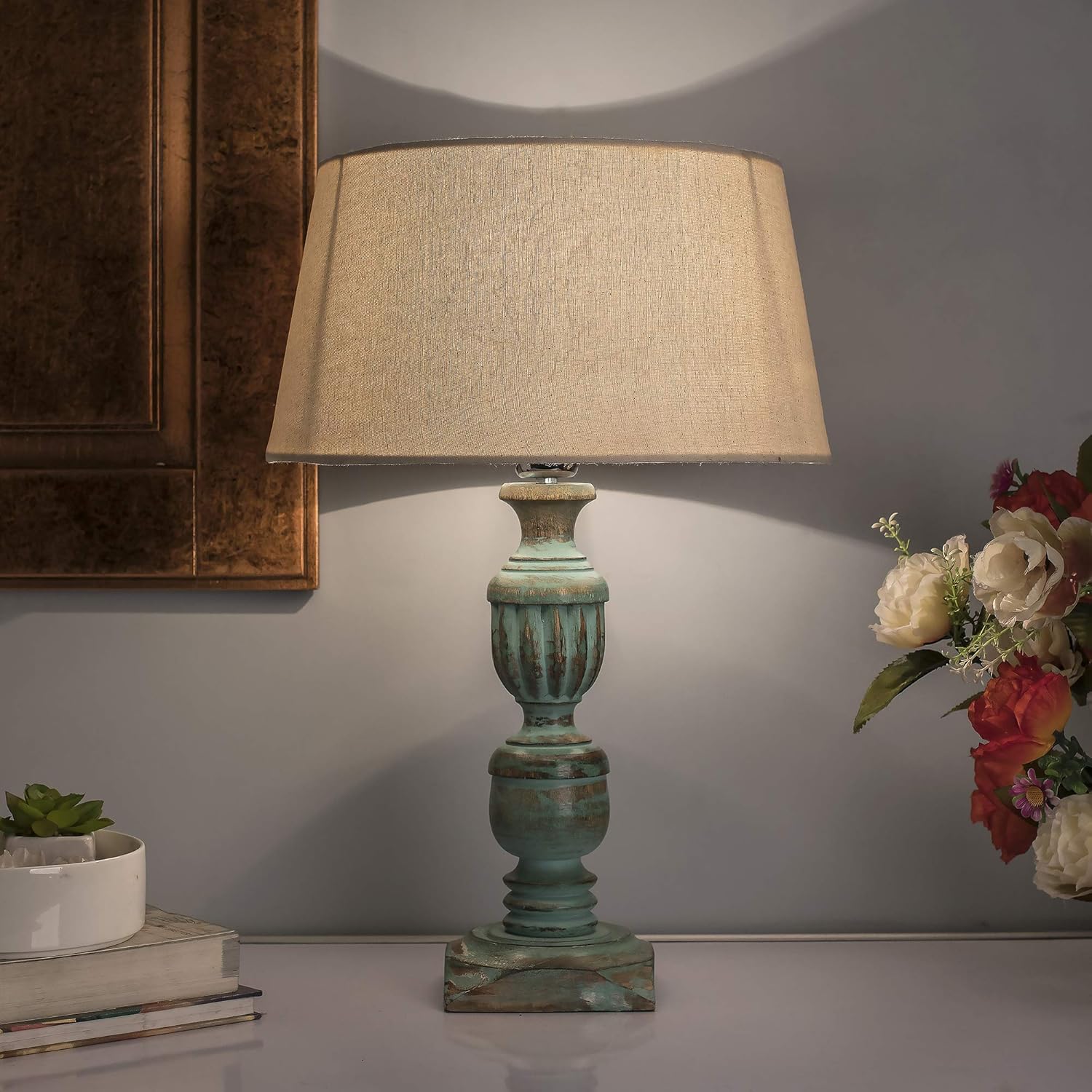Homesake® Rustic Green Wooden Table Lamp for Home Decor | Bedside & Night Lamp for Bedroom, Living Room, Study Table | Vintage Light Lamp with Empire Beige Shade, Room Decor Items (Pack of 1)