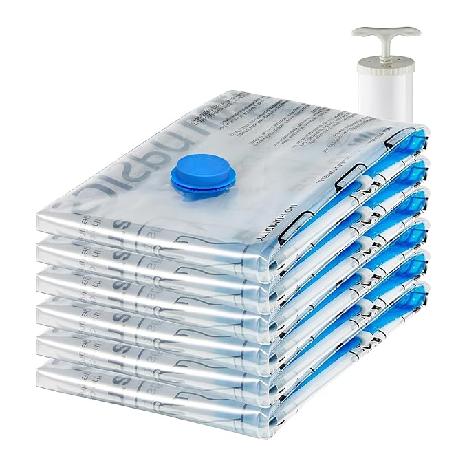 amazon basics Vacuum Compression Storage Bags with Hand Pump - Jumbo, 6-Pack, Plastic, Transparent