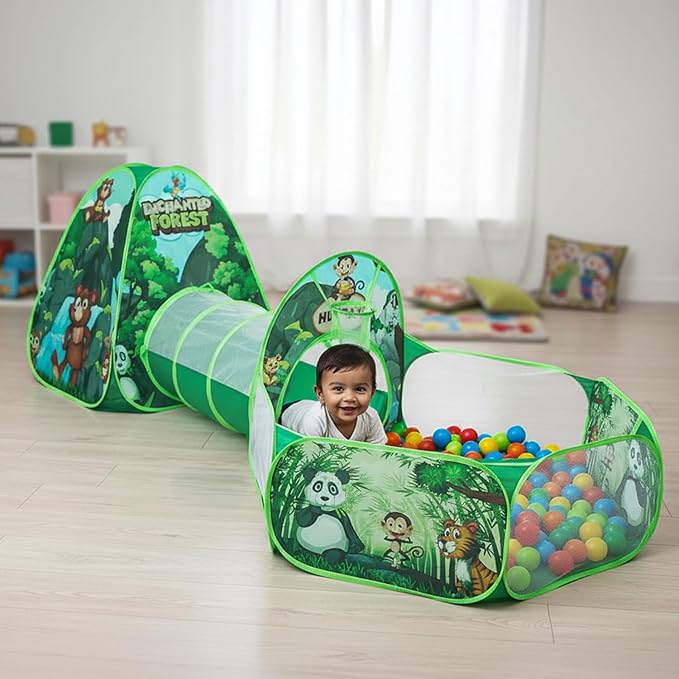 Amazon Brand - Jam & Honey Jungle Animals 3 in 1 Combo Tunnel for Kids | Tunnel, Play Tent House, Ball Pool for Kids 3 to 6 Years | Spacious, Lightweight and Portable | Without Balls | Multi Colour