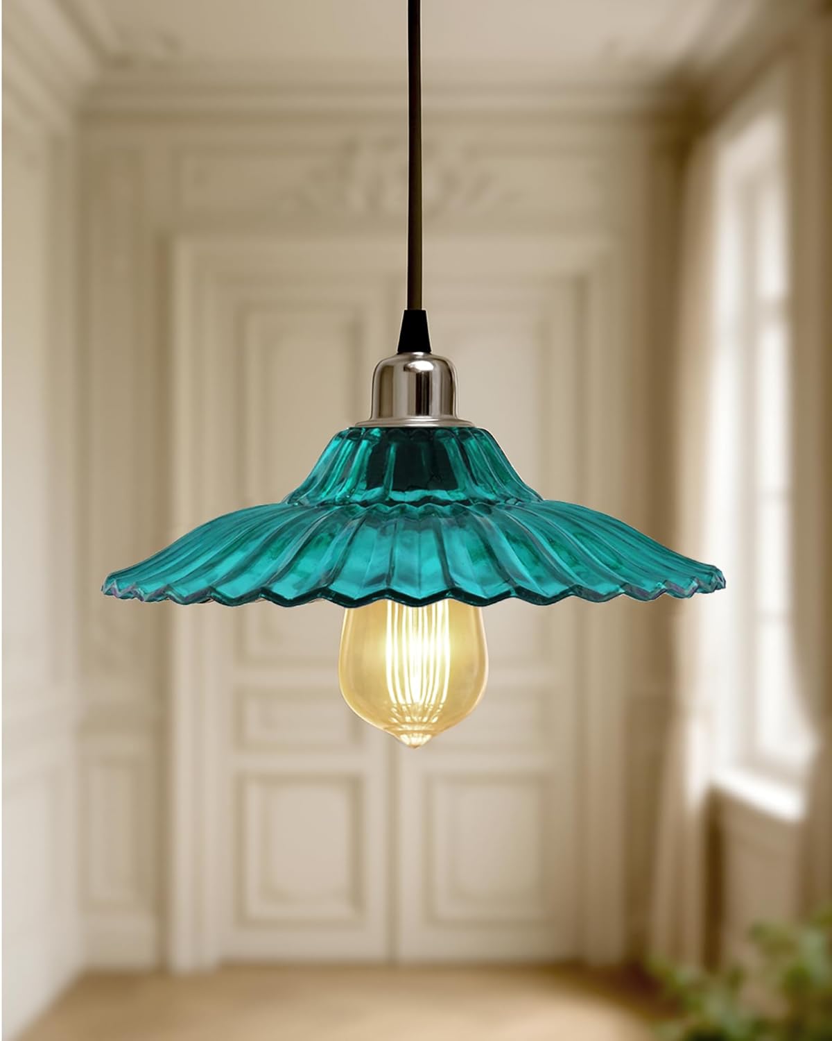 Homesake Vintage Hanging Pendant Light with Blue Glass Shade, Edison Bulb - Retro Industrial Ceiling Lamp for Home Decor,Bohemian Style, Farmhouse Lighting,Industrial Design,Ceiling Fixture(Turquoise)