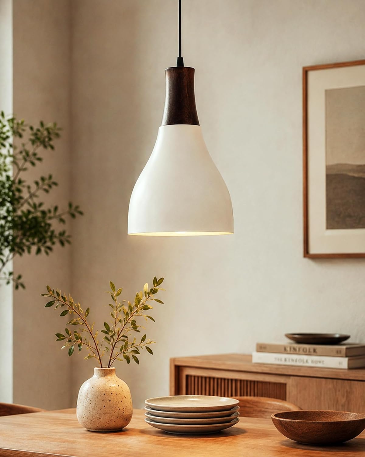Homesake®Croft Metal Wood Pendant Light, White Metal Antique Black Hanging Ceiling Light, Pyramid
