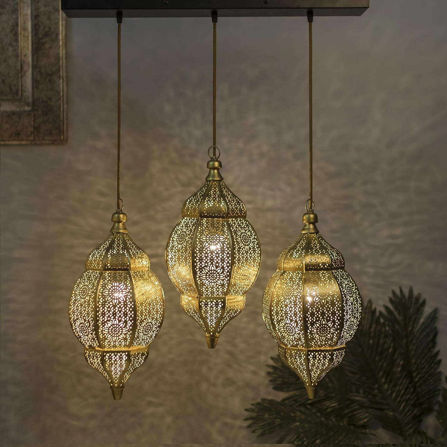 Homesake Pendant Light 3-Linear Cluster Chandelier Antique & Gold Metal Classic Moroccan Orb Hanging Ceiling Light | Kitchen Area and Dining Room with LED Filament Light - Home Decor Items
