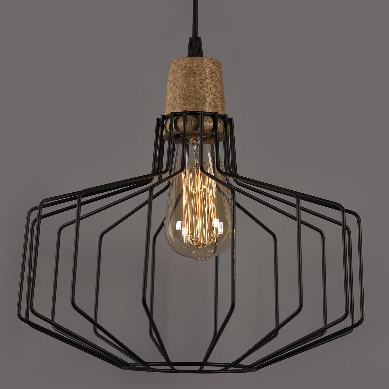 Homesake® Industrial Loft Black Metal Pitcher Cage Wood Art Pendant, Hanging Ceiling Lights, Edison Vintage Light