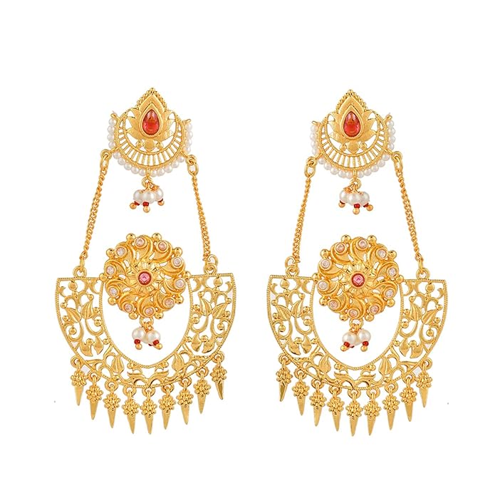 Voylla Abharan Red Stones and Pearls Opulent Drop Earrings