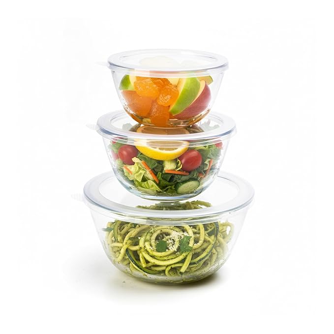 AGARO Borosilicate Glass Mixing Bowl with Lid, 3 Pcs Set (500ml, 800ml &1600ml), Serving Bowl, Kitchen, Oven & Microwave, Dishwasher and Freezer Safe, Scratch Resistant, Round, Transparent