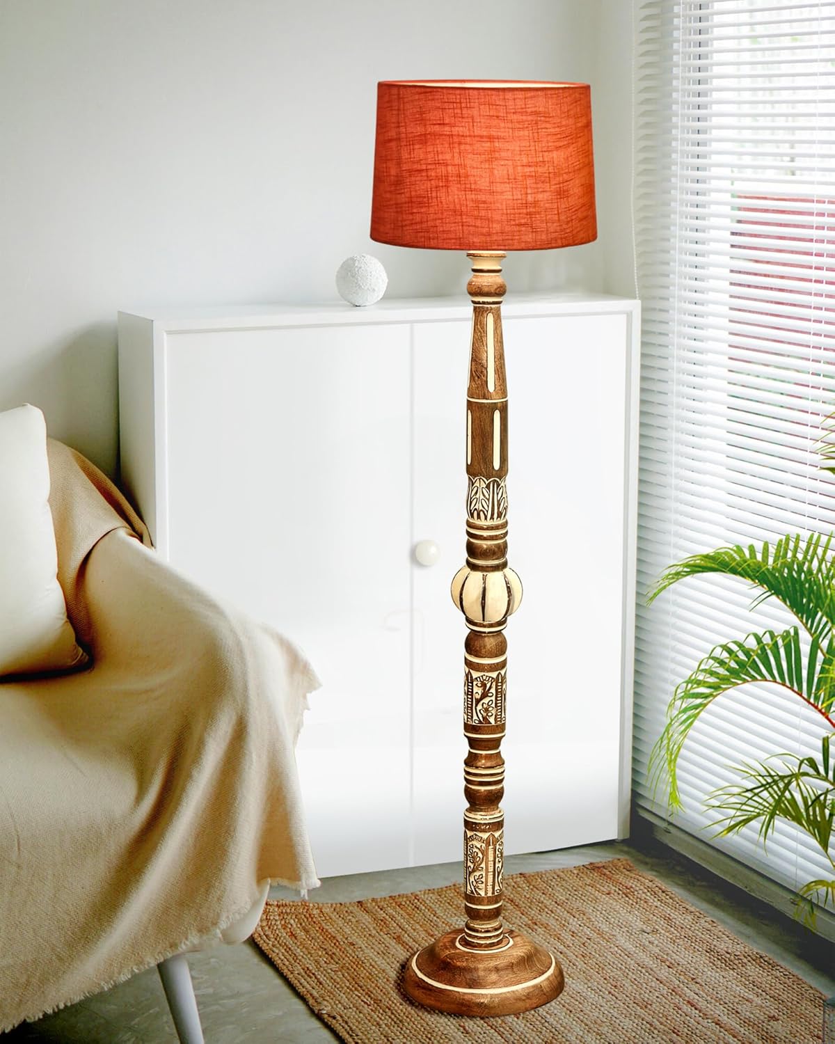 Homesake® Floor Lamp for Living Room | Bedroom | Standing Lamp | Home Decor Items | Corner Lamps for Living Room Corner | Night for Bedroom | Light with Fabric Shade (Red Carving)