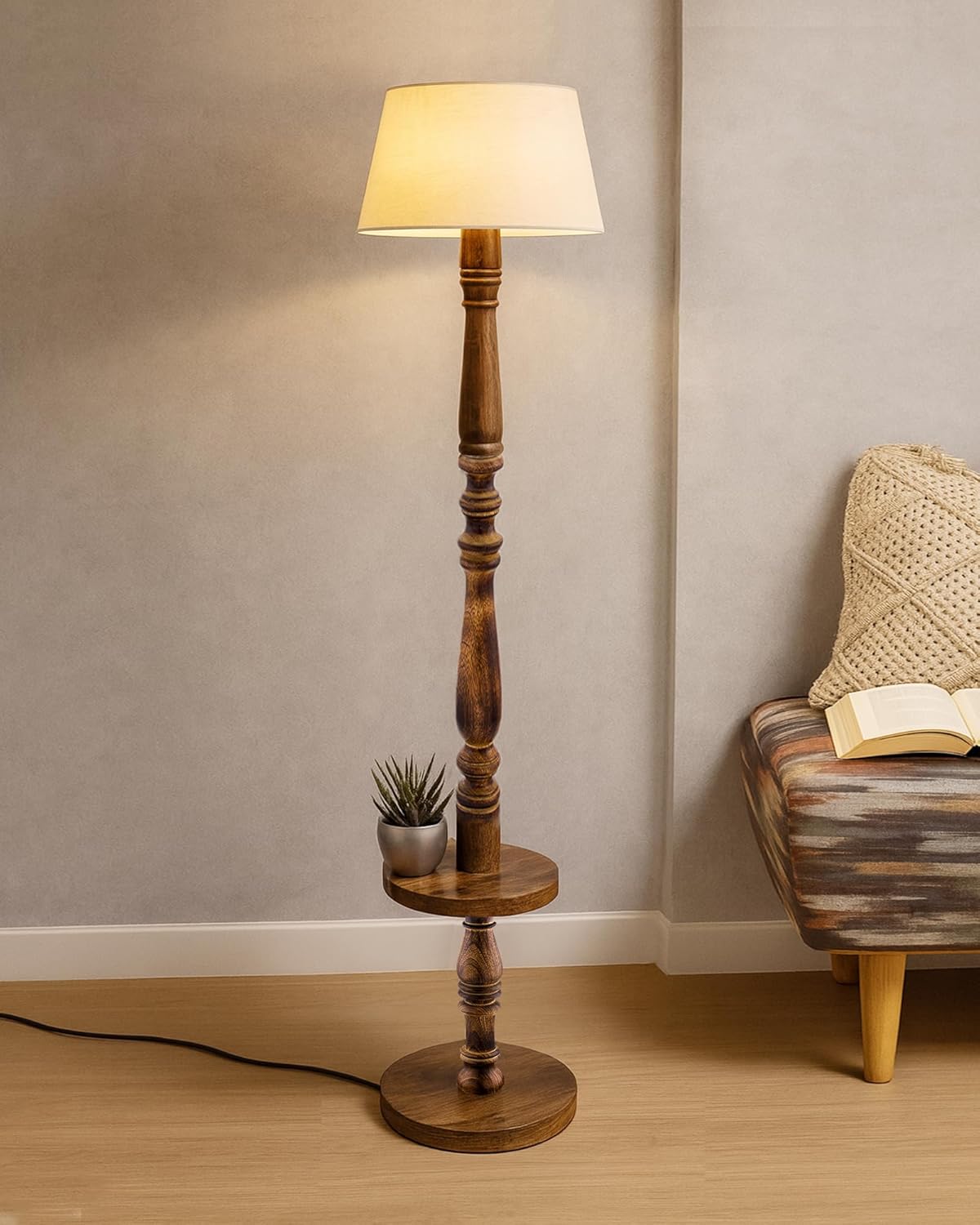 Homesake® Floor Lamp for Living Room | Bedroom, Standing Lamp, Home Decor Items | Light Lamp with Shade | Antique Wooden - (White, Round)