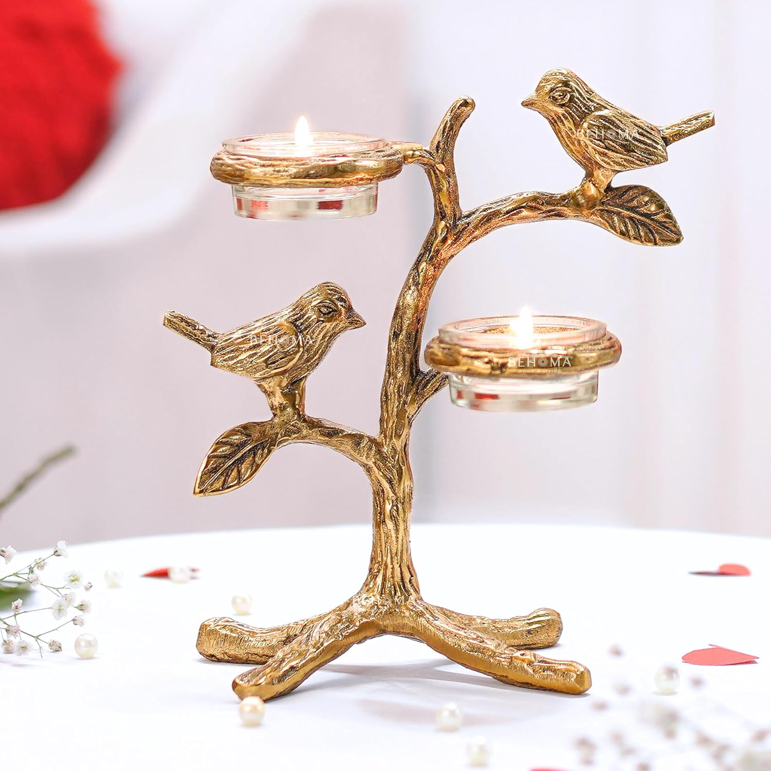 BEHOMA Metal Romantic Love Birds Tree Candle Holder | Blessing Birds Tea Light Centerpiece for Home Decor & Living Room | Couple Gift for Valentine’s Day, Wedding, Anniversary & Housewarming – Gold