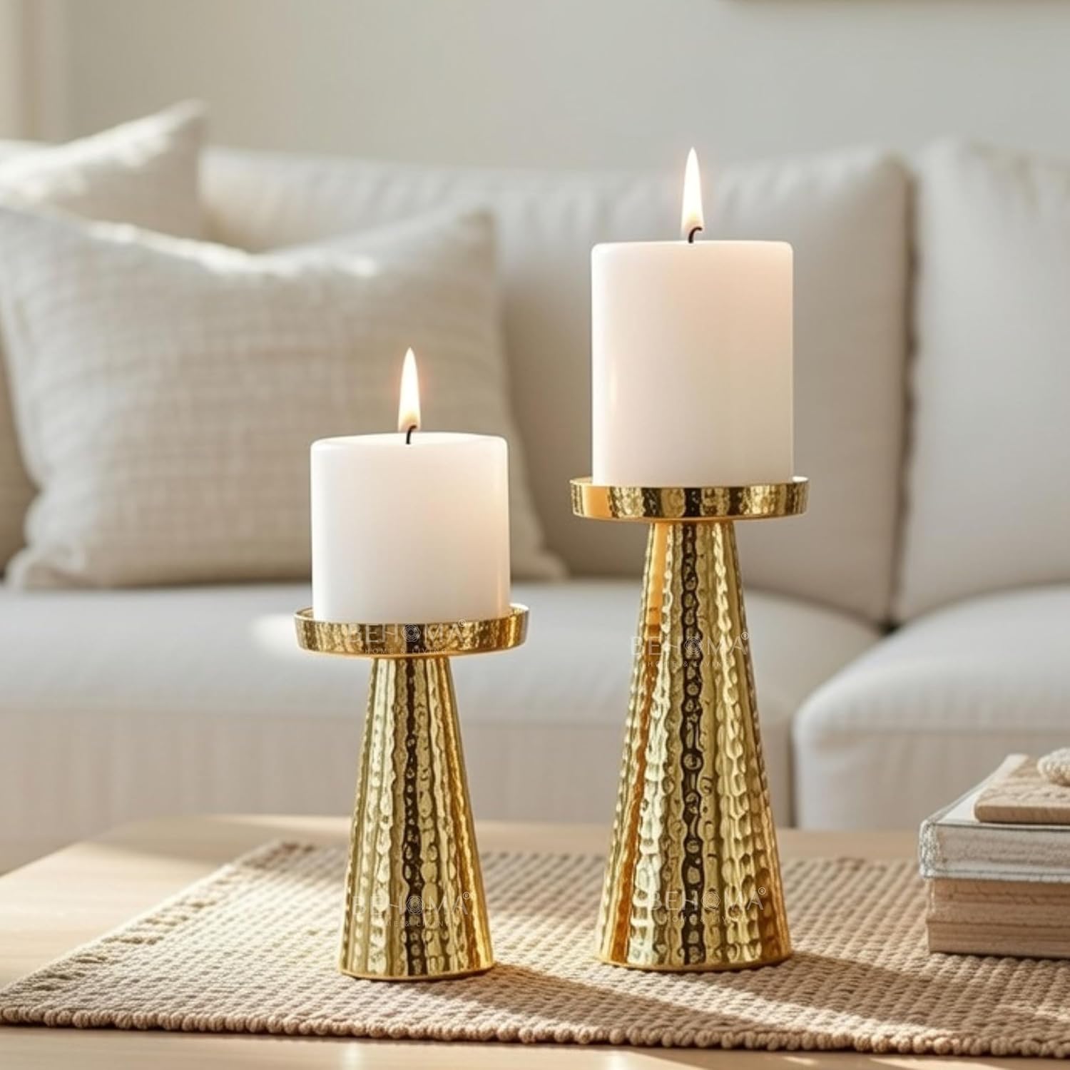 Behoma Hammered Large Metal Pillar Candle Holder with Gift Box | Table Centerpieces Candles Stand for Home Decor | Best Gift for Anniversary, Wedding Golden Set of 2 (Candles are not Included)