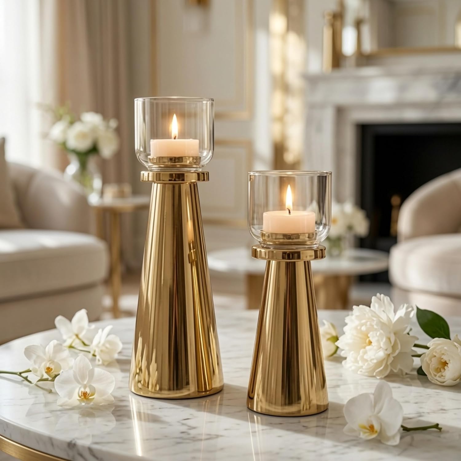 Behoma Handcrafted Golden Tea Light Candle Holders Set of 2 | Premium Metal & Glass Candle Stand | Table Centerpiece for Living Room, Coffee Tables & Christmas Decor Gift (Candles Not Included)