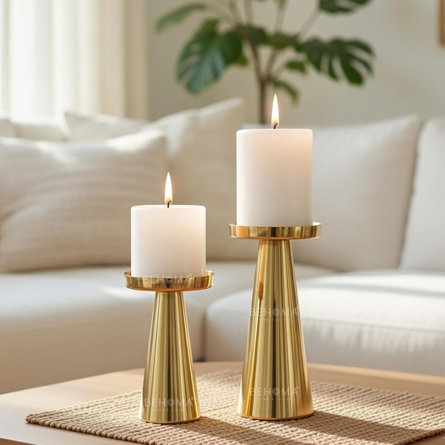 Behoma Solid Large Metal Pillar Candle Holders with Gift Box | Centerpieces for Home Decor Coffee Table | Candles Stand for Wedding Gift, Housewarming | Golden, Set of 2 (Candles are not Included)