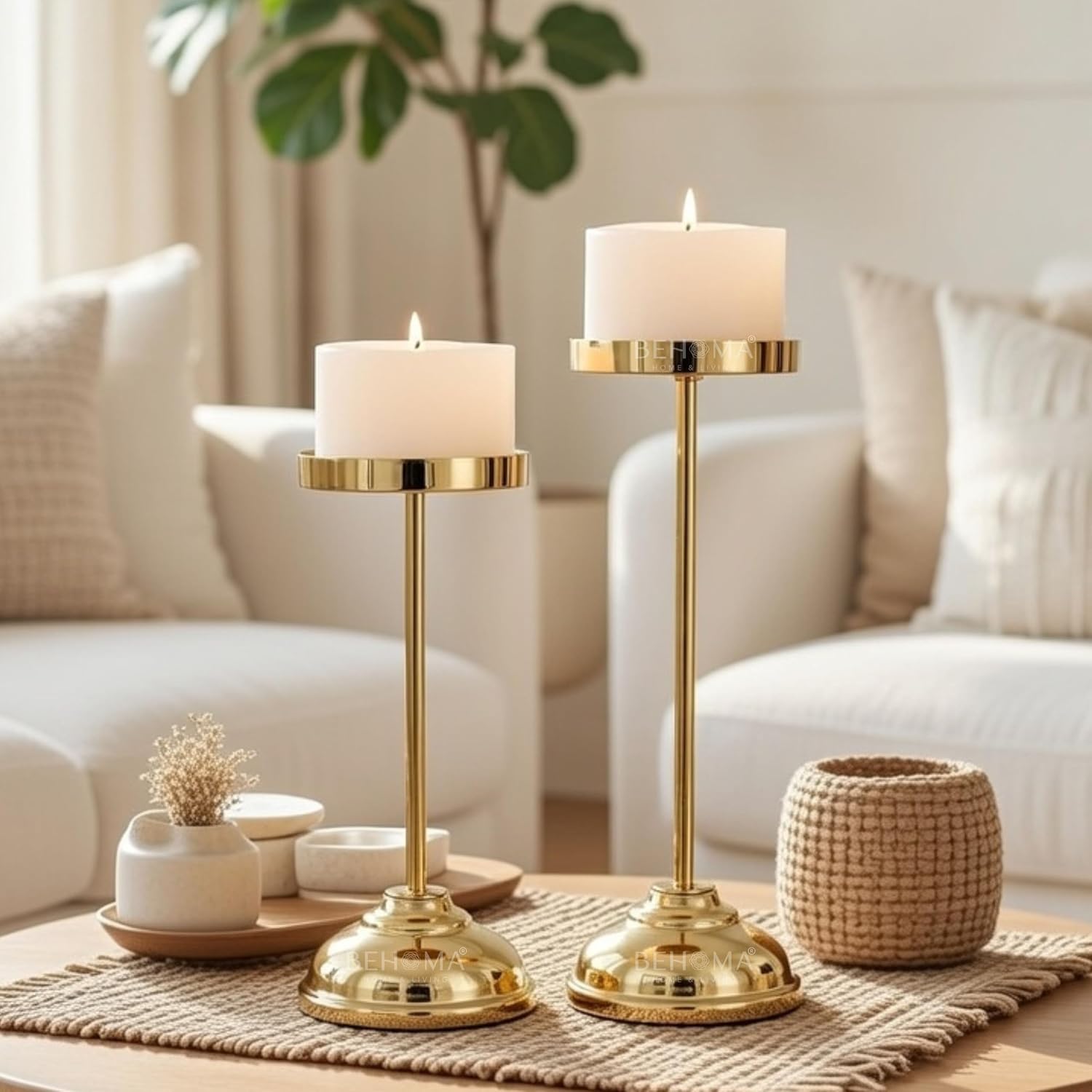 Behoma Handcrafted Large Metal Pillar Candle Holders | Table Centerpieces Coffee Tables or Fireplace Mantels | Solid Candles Stand for Christmas, Home Decor, Gift, Valentine's Day | Gold, Set of 2