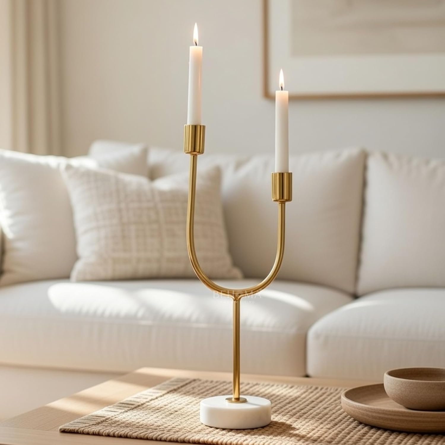 Behoma Solid Metal U Shape Candle Stick Holder with White Marble Base | Table Centerpieces Coffee Tables or Fireplace Mantels | Candles Stand for Christmas, Home Decor, Gift, Valentine's Day | Gold
