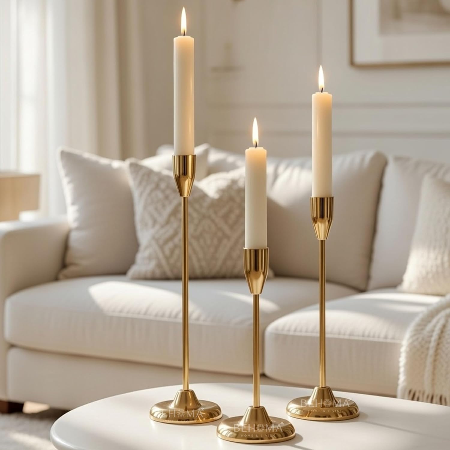 BEHOMA Luxury Gold Candle Stick Holder | Metal Taper Candle Holders Elegant Décor for Tabletop,Valentine's Day, Birthday | Set of 3-Piece(S: 20.5 cm, M: 25.5 cm, L: 30.5 cm) (Candles Not Included)