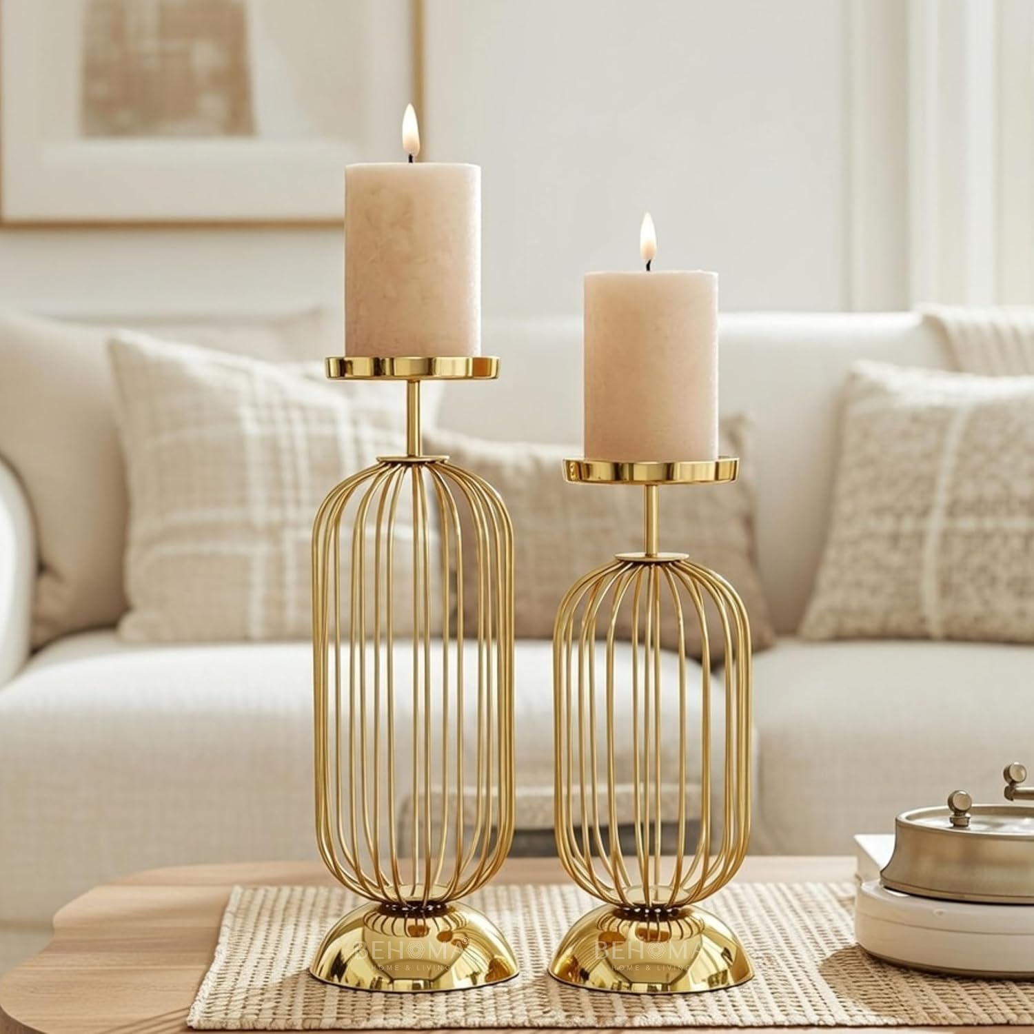 Behoma Metal Candle Holder Stand with Gold Finish | Decorative Pillar Candle Stand for Home, Living Room, Table Centerpiece, Modern Vintage Decor (Small & Large/Candles are not Included)