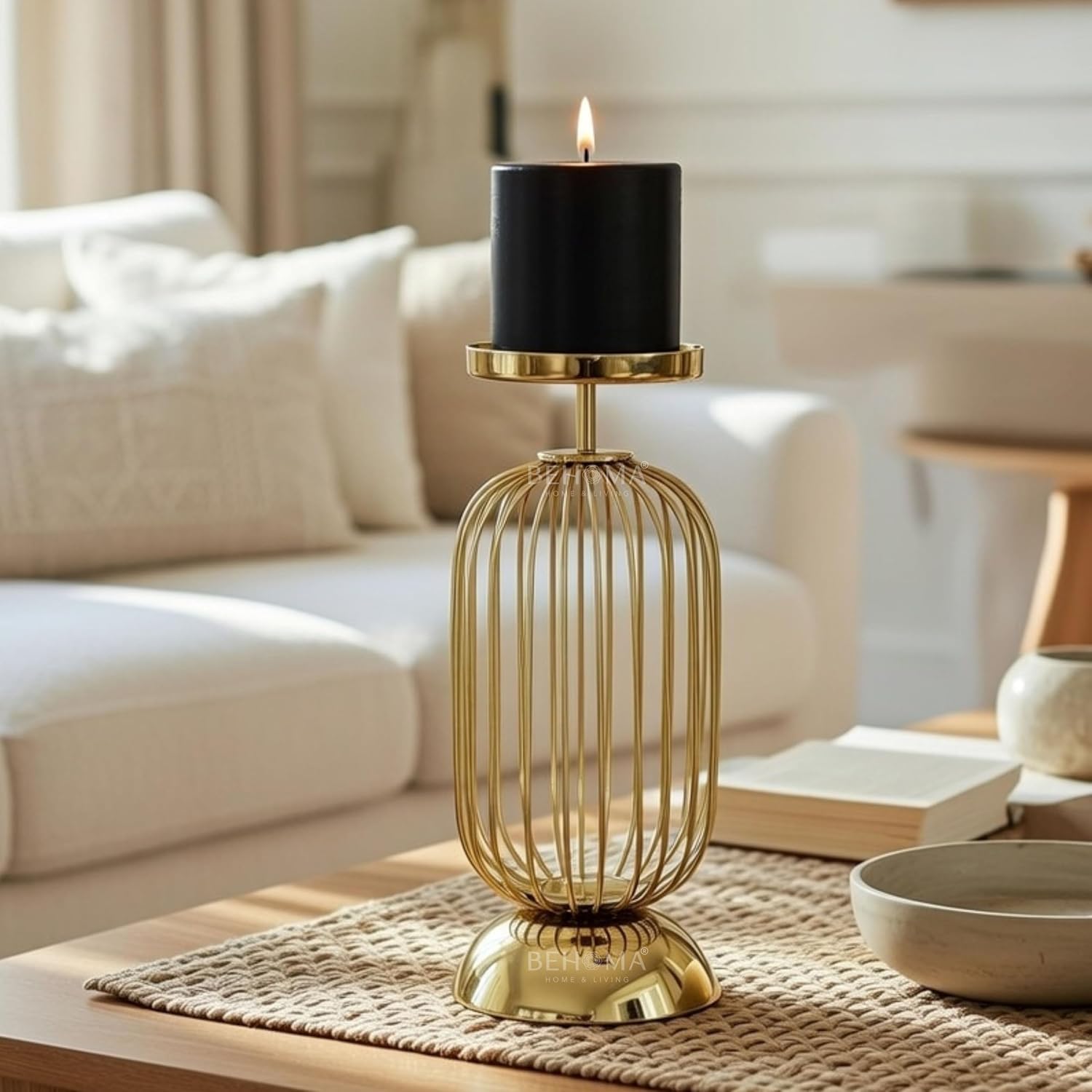 Behoma Metal Candle Holder Stand with Gold Finish | Decorative Pillar Candle Stand for Home, Living Room, Table Centerpiece, Modern Vintage Decor (10 Inch, Small,Candle is not Included)