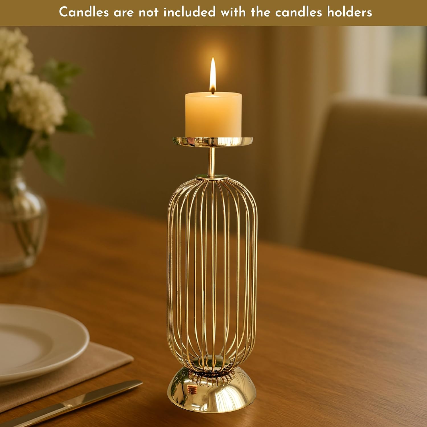 Behoma Metal Candle Holder Stand with Gold Finish | Decorative Pillar Candle Stand for Home, Living Room, Table Centerpiece, Modern Vintage Decor (12 Inch, Large, Candle is not Included)