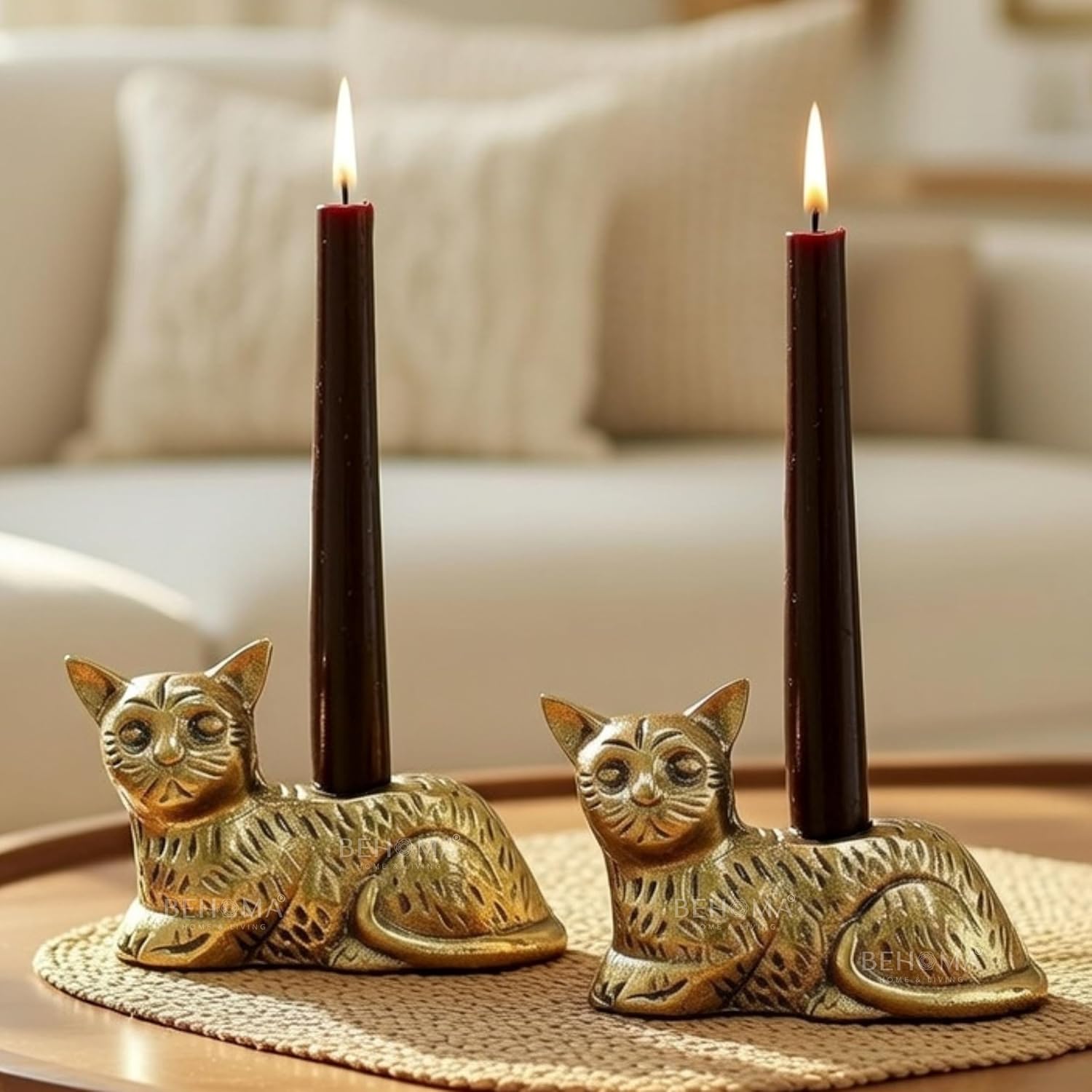 BEHOMA Aluminium Cat Candle Holder Statue Set of 2 | Antique Gold Decorative Figurine for Home Decor, Table, Living Room | Best Gift Item for Anniversary, Wedding, House Warming, Return Gift