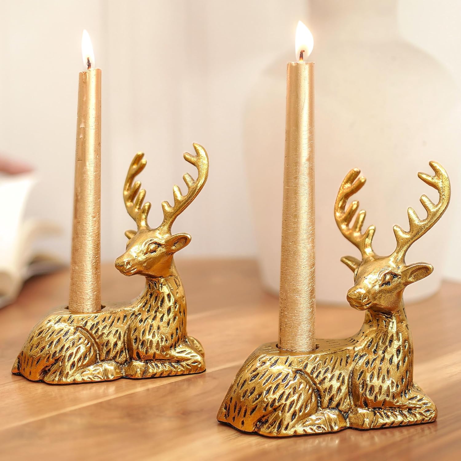 BEHOMA Reindeer Figurine Candles Holder for Decoration | Antique Gold Deer Decorative Stag Candle Stand for Home Décor | Best Gift for Valentine, Anniversary, House Warming, Return Gift (Set of 2)
