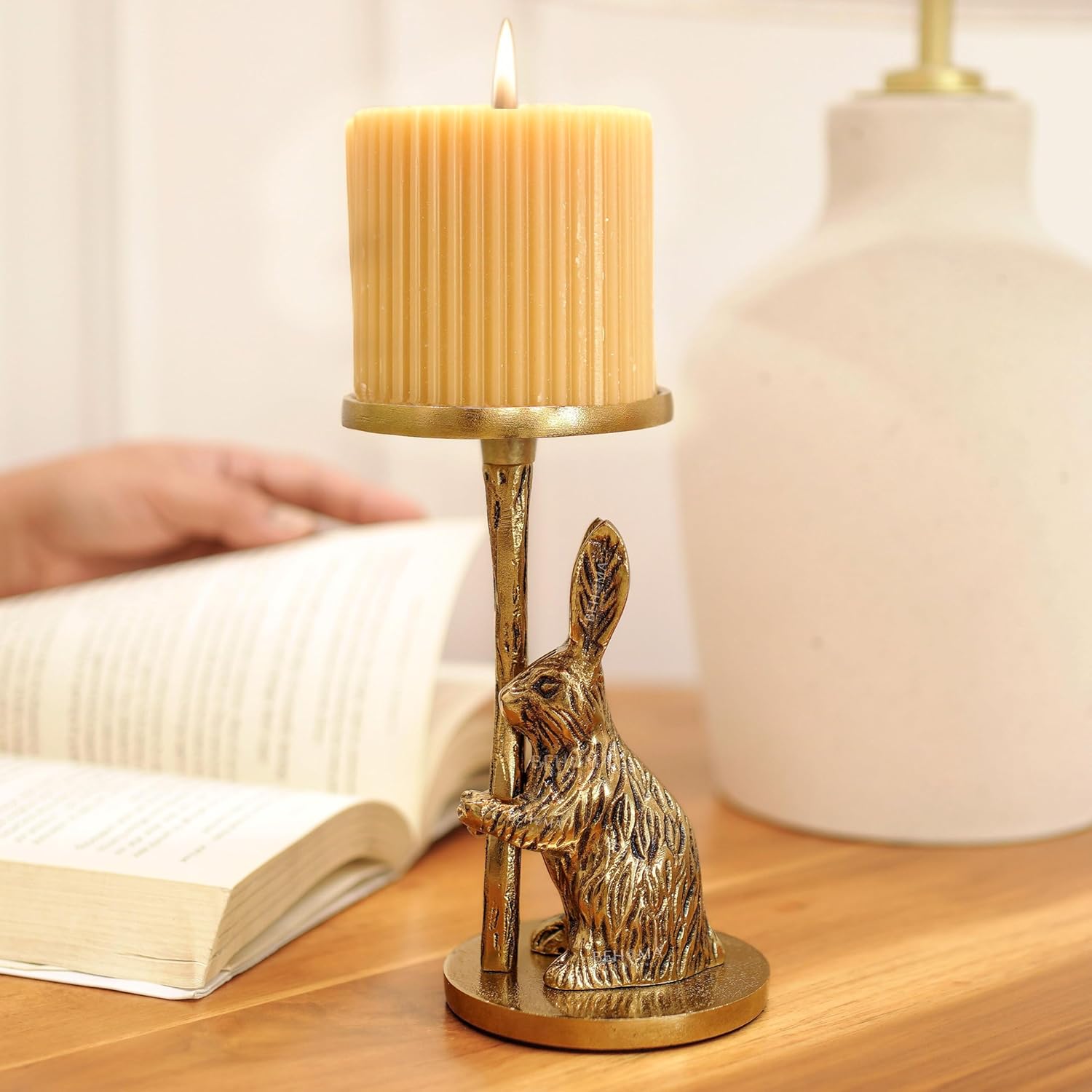 BEHOMA Gold Rabbit Candle Holder | Aluminium Statue for Home & Tabletop Decor | Perfect Showpiece for Anniversary, Wedding, Housewarming, Valentine’s Day & Men’s Gift | Gold (Candle Not Included)