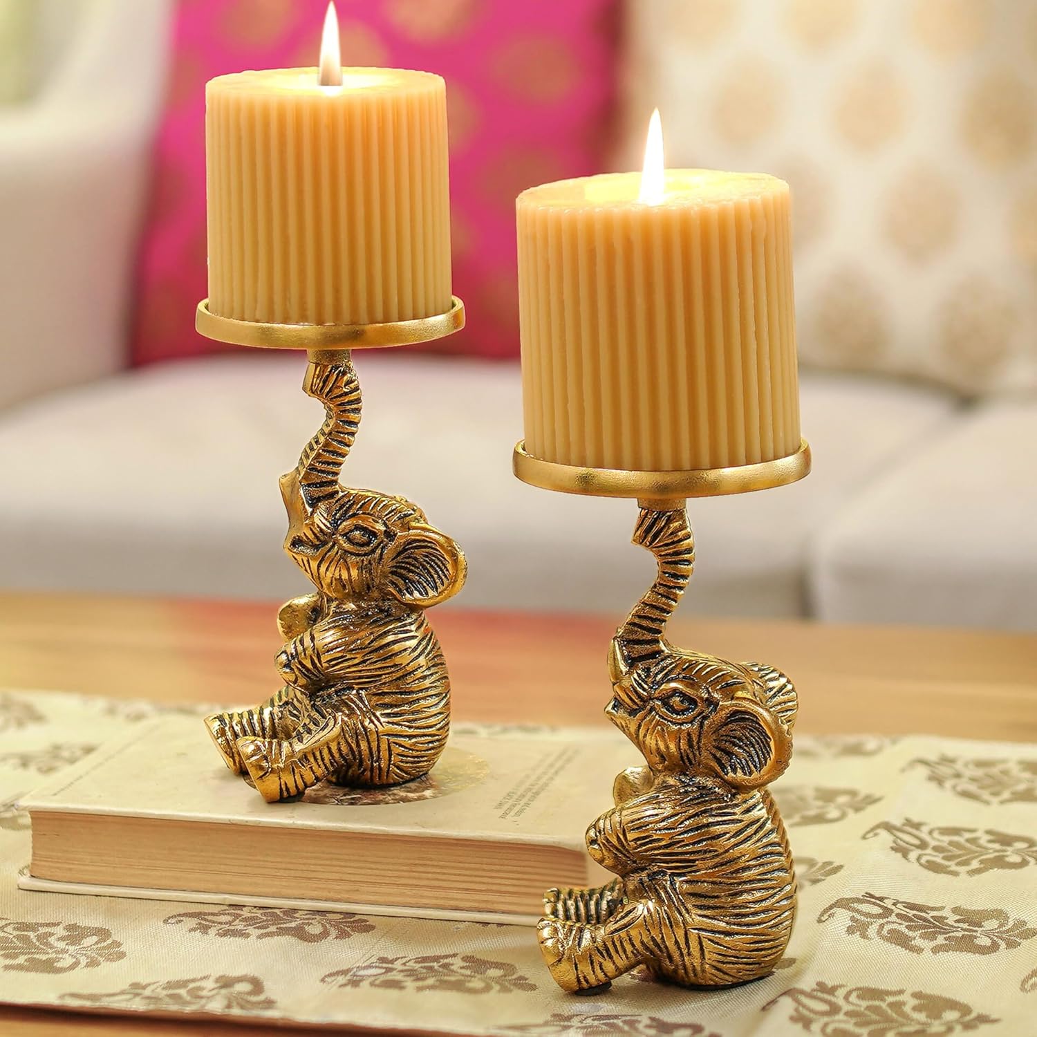 BEHOMA Aluminium Elephant Pillar Candle Holder Statue Set of 2 | Tabletop Home Decor Showpiece for House Warming & Valentine’s Gift for Men | Wedding Decorative | Gold (Candle Not Included) 8 x 8 Cm