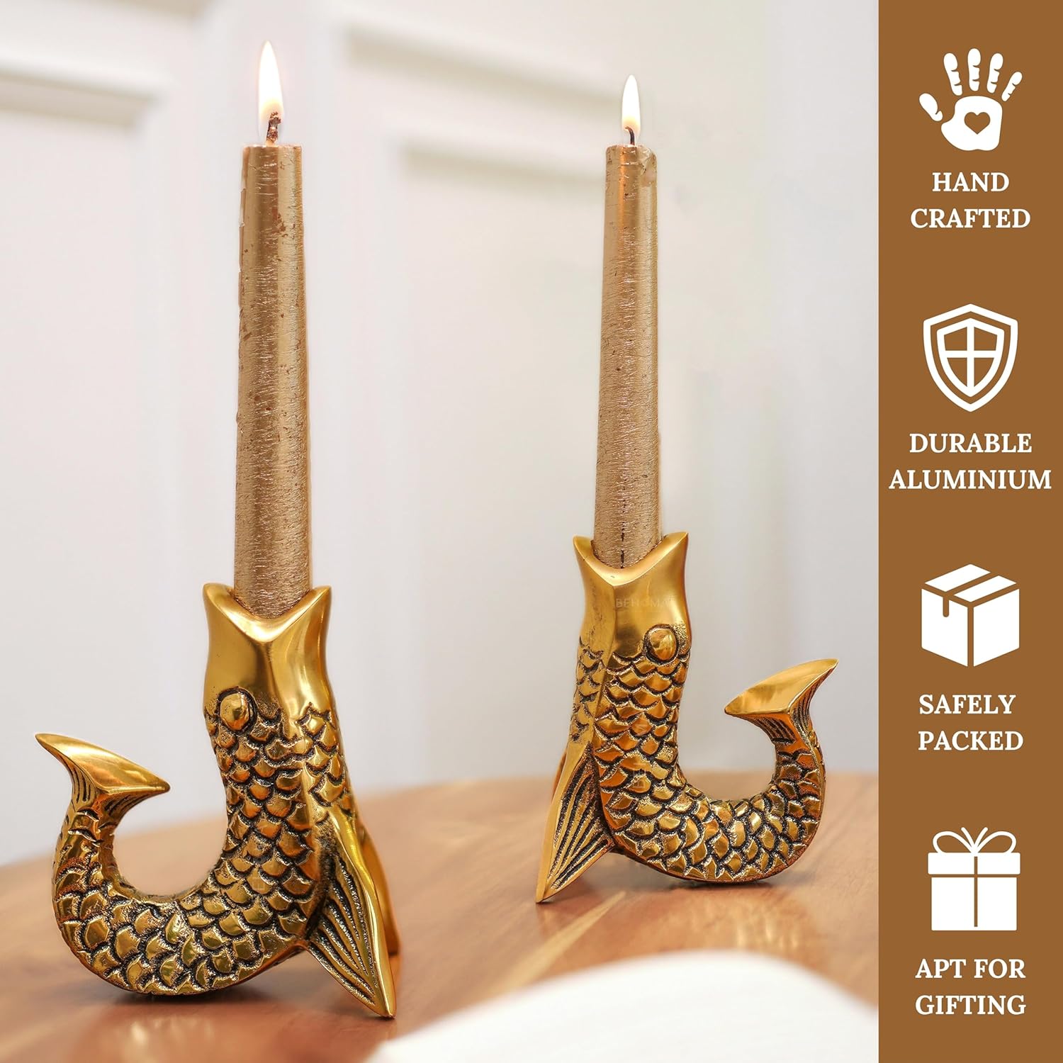 BEHOMA Aluminium Pair of Fish Figurine Candle Holder | Gold Finish Decorative Taper Candlestick | Valentine’s Day & Romantic Gift for Wedding & Housewarming Showpiece | Gold (Candle Not Included)