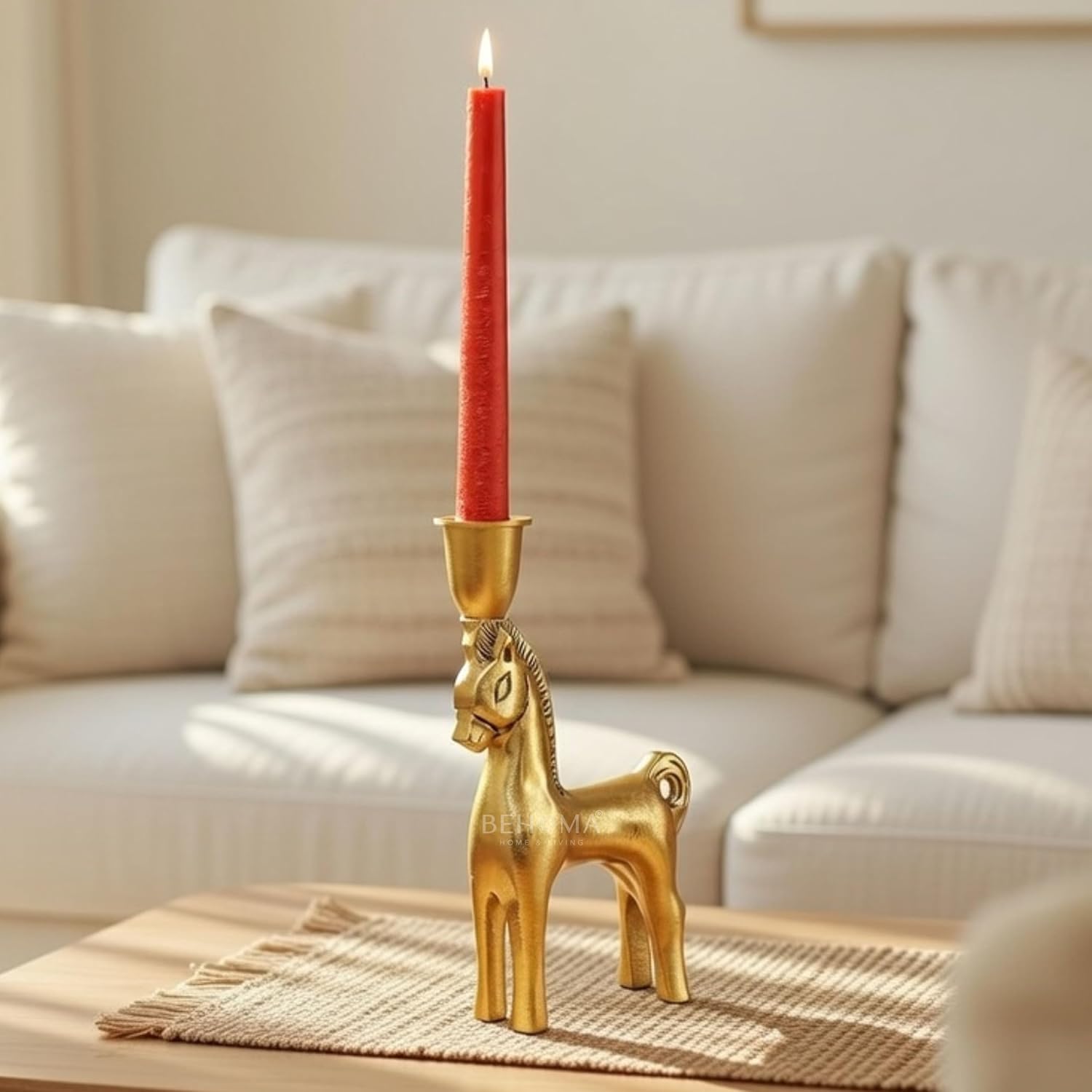BEHOMA Handcrafted Aluminium Horse Candle Holder | Gold Finish Decorative Taper Candlestick | Valentine’s Day & Romantic Gift for Men | Wedding & Housewarming Showpiece | Golden (Candle Not Included)