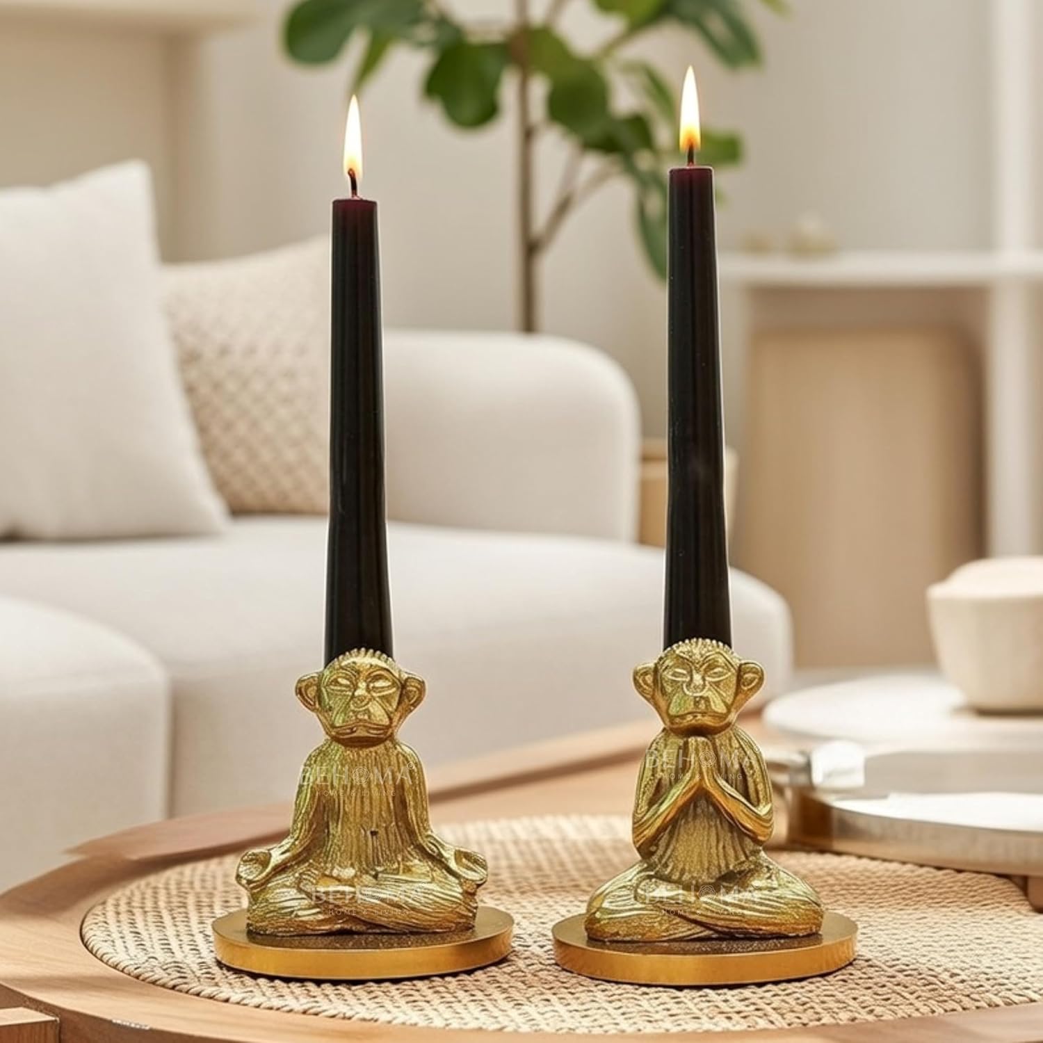 BEHOMA Aluminium Pair of Yoga Monkey Candle Holder for Home Decoration | Antique Gold Decorative Stag Candle Stand for Home Décor & Festive Decoration| | Best Gift for Anniversary, Wedding | Gold