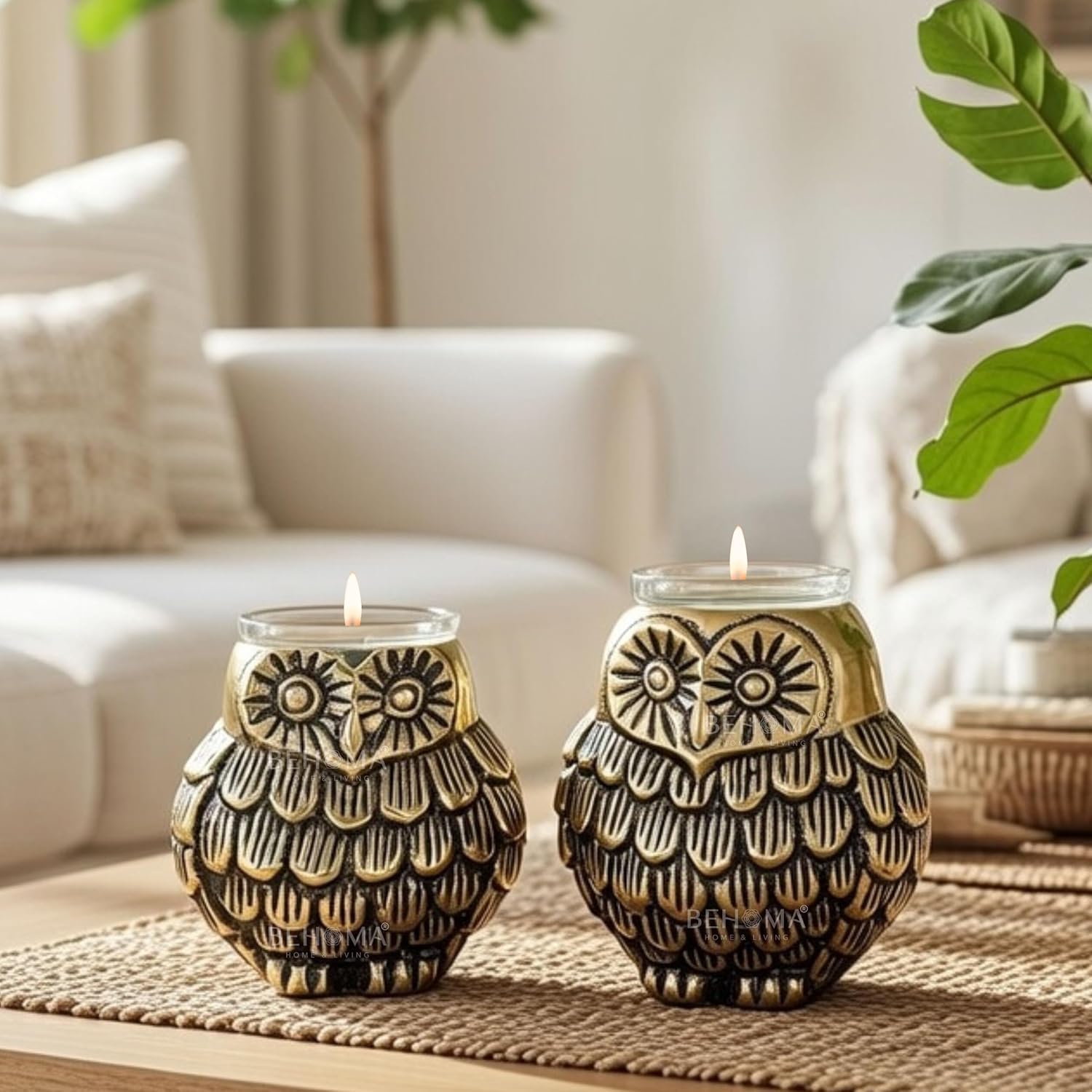 BEHOMA Aluminium Owls with Votives Set of Mother & Child,Statue for Home Decor Tabletop Living Room,Candle Holder Gift Showpiece for Mothers Day,Birthday,Anniversary,Votives Candle Included,16cm,15cm