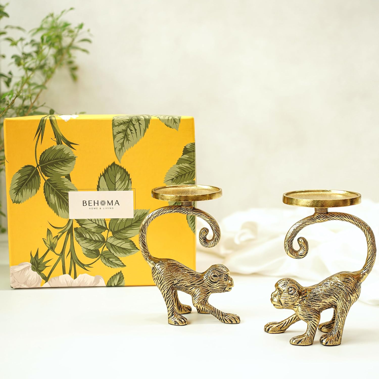 BEHOMA Metal Monkey Pillar Candle Holder Gift Hamper, Festive Gifting Showpiece for Birthday, Housewarming, Anniversary (Set of 2), Gold