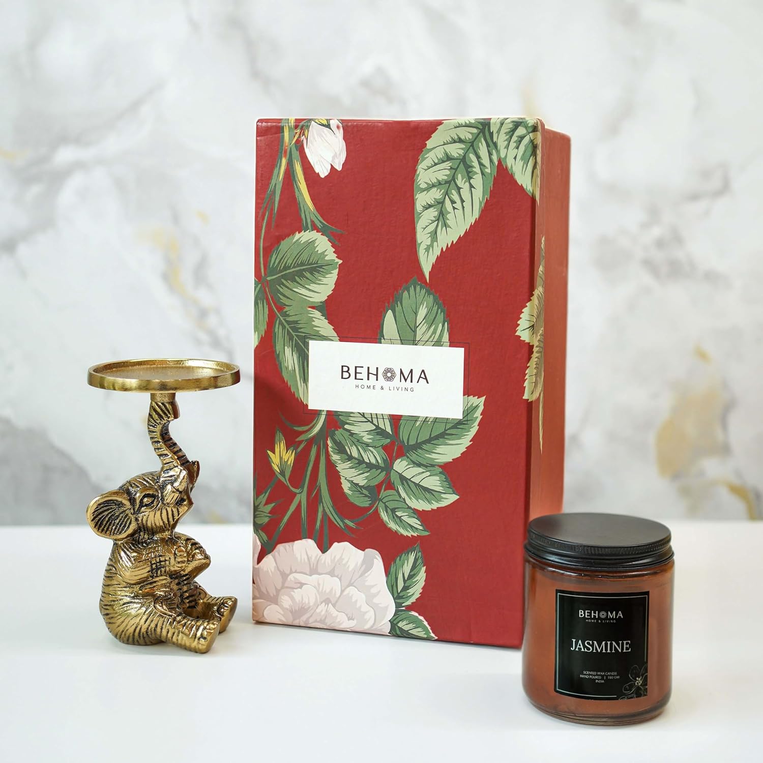 BEHOMA Baby Elephant Candle Holder with Jasmine Scented Candle Jar | Handcrafted Gold Aluminum Gift Set with Natural Wax Candle for Home Décor, Housewarming, Christmas & Wedding Gifts