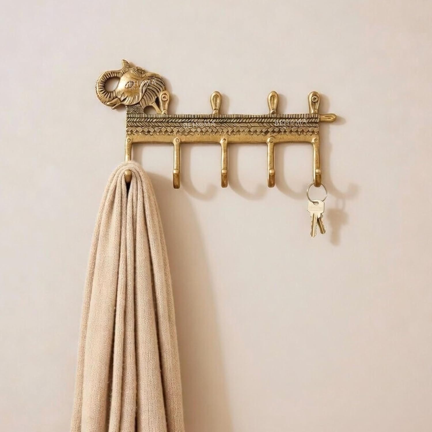 BEHOMA Elephant Key Holder for Wall, Aluminium Antique Gold Finish 5 Hooks Key Rack, Decorative Wall Mounted Key Hanger for Home Entryway, Living Room, Office, Durable Heavy Duty Key Organizer