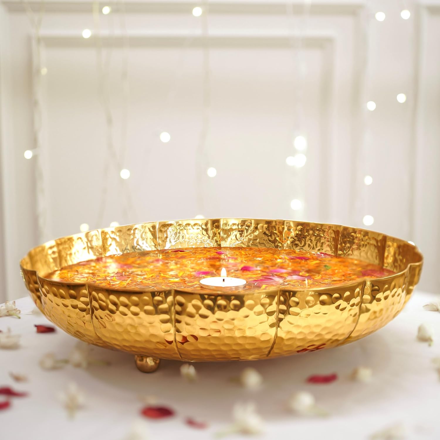 BEHOMA Golden Aluminium Lotus Design 12 inch Urli | Navratri Durga Puja Indoor Outdoor Center Table Flower Decorative Bowl | Urali for Haldi, Mehandi, Wedding & Home Decor, Brass Finish 1Pc, 2000 ml