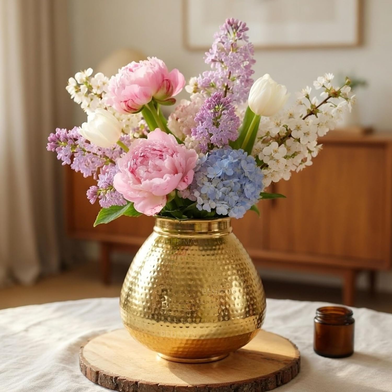 Behoma Matki Shape Metal Vase for Home Decor, Hammered Flower Pot for Office Table Decorations, Modern vases, Gift for Diwali Ganpati Onaml, 8 inches, Golden 1 Pc (Flowers not Included)