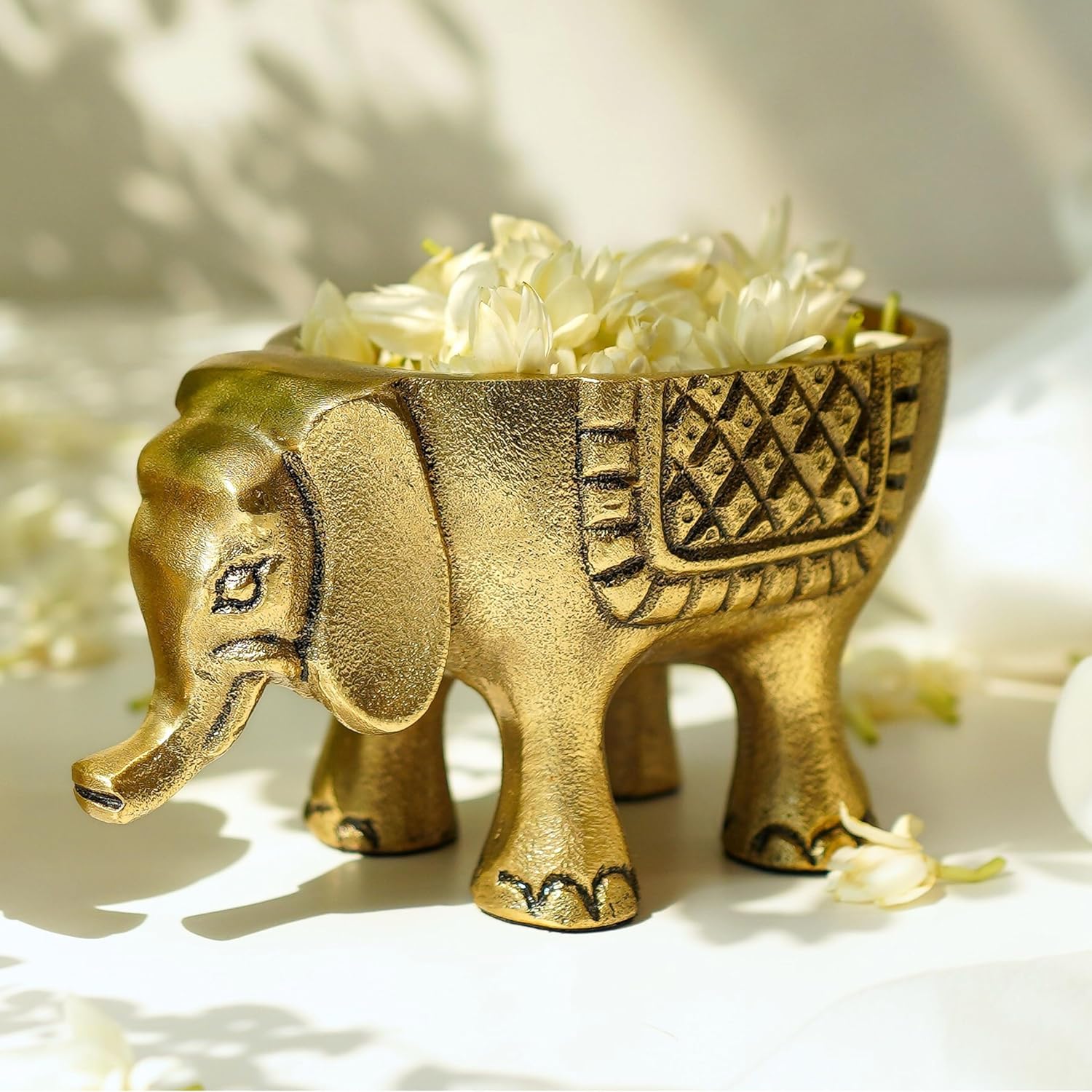 BEHOMA Aluminium Elephant for Good Luck,Statue for Home Decor Tabletop Living Room Office,Candle Holder Gift Showpiece for Valentine's Day,Birthday(Candles/Plants etc not Included),Gold,15.5cm,8.5cm