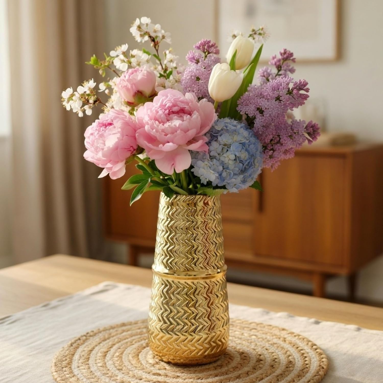 BEHOMA Arrow Engrave Metal Cylindrical Vase for Home Décor | Table Flower Pot for Valentine’s Day, Couple Gift for Wedding Anniversary, Birthday Decoration | 9.2" Golden, 1Pc (Flower not Included)