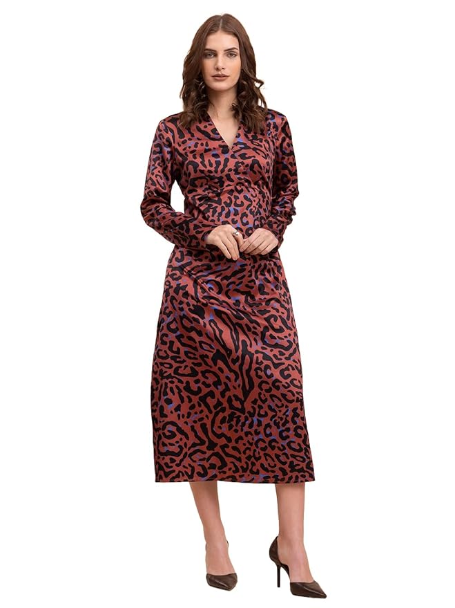 FableStreet Satin Animal Print Shift Dress - Multicolour