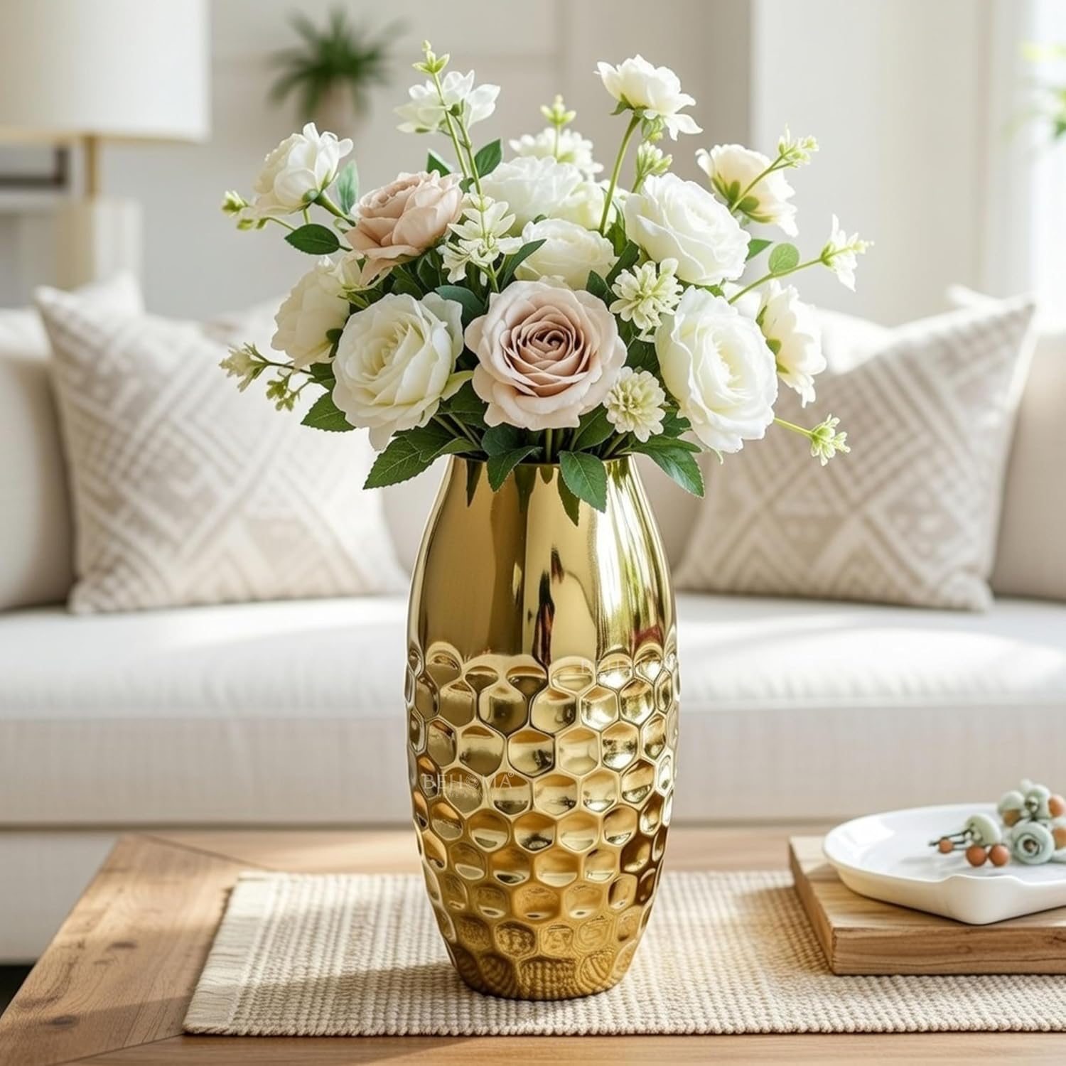 Behoma Metal Hammered Vase for Home Decor Decoratives for Indoor Living Room | Best Gift for Birthday Anniversary Valentine's Day |Golden Half Hammered Oblong Shape 1 Large Pcs (Flower not Included)