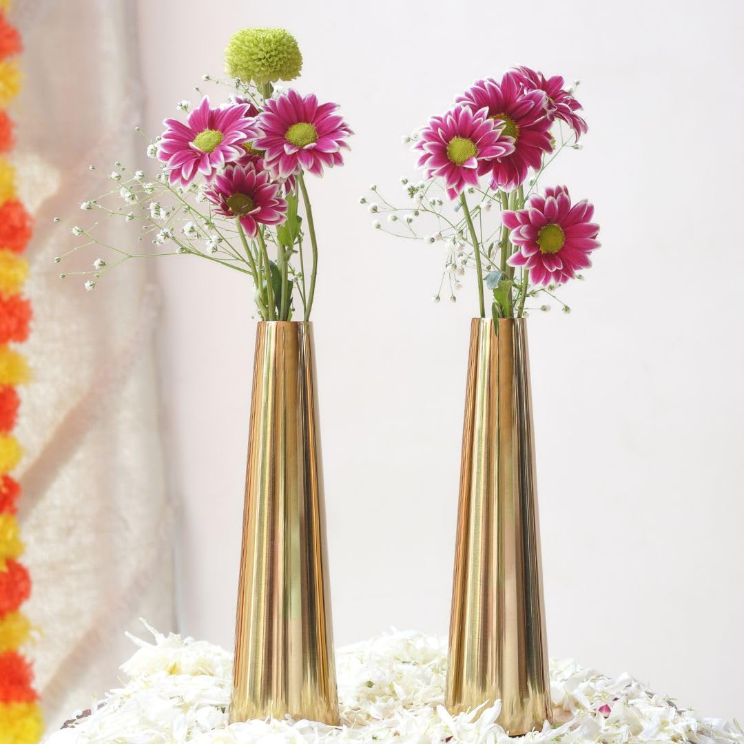 BEHOMA Golden Metal Slim Cone Flower Vase for Home & Office Décor | Table Decorative Flower Pot for Living Room, Dining Table | Gift for Birthday & Anniversary | Set of 2 (8") (Flower Not Included)