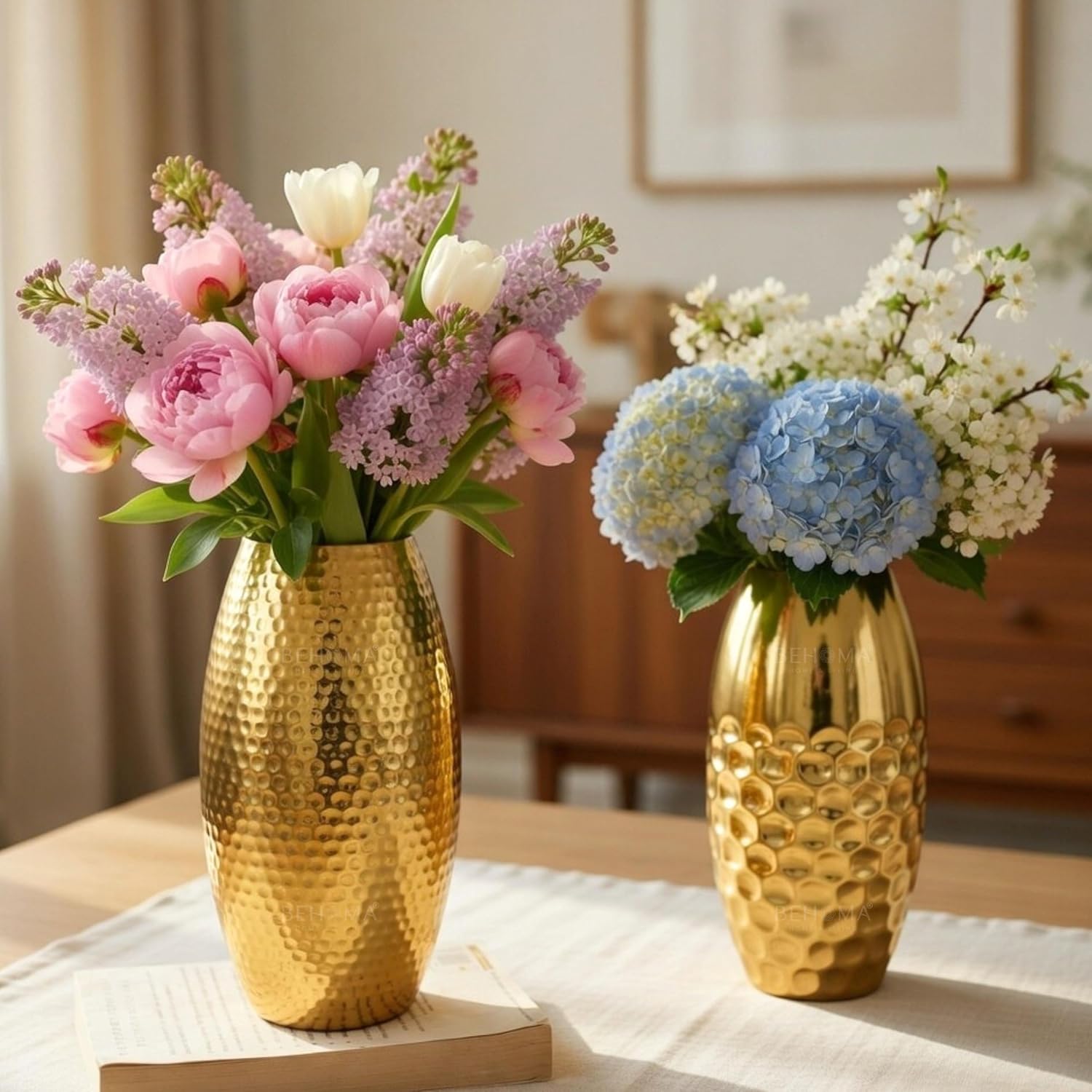 Behoma Metal Hammered Vase for Home Decor | Decoratives for Indoor Outdoor Living Room Balcony |Golden Half Hammered & Full Hammered Oblong Shape (Flower not Included) (Set of 2)