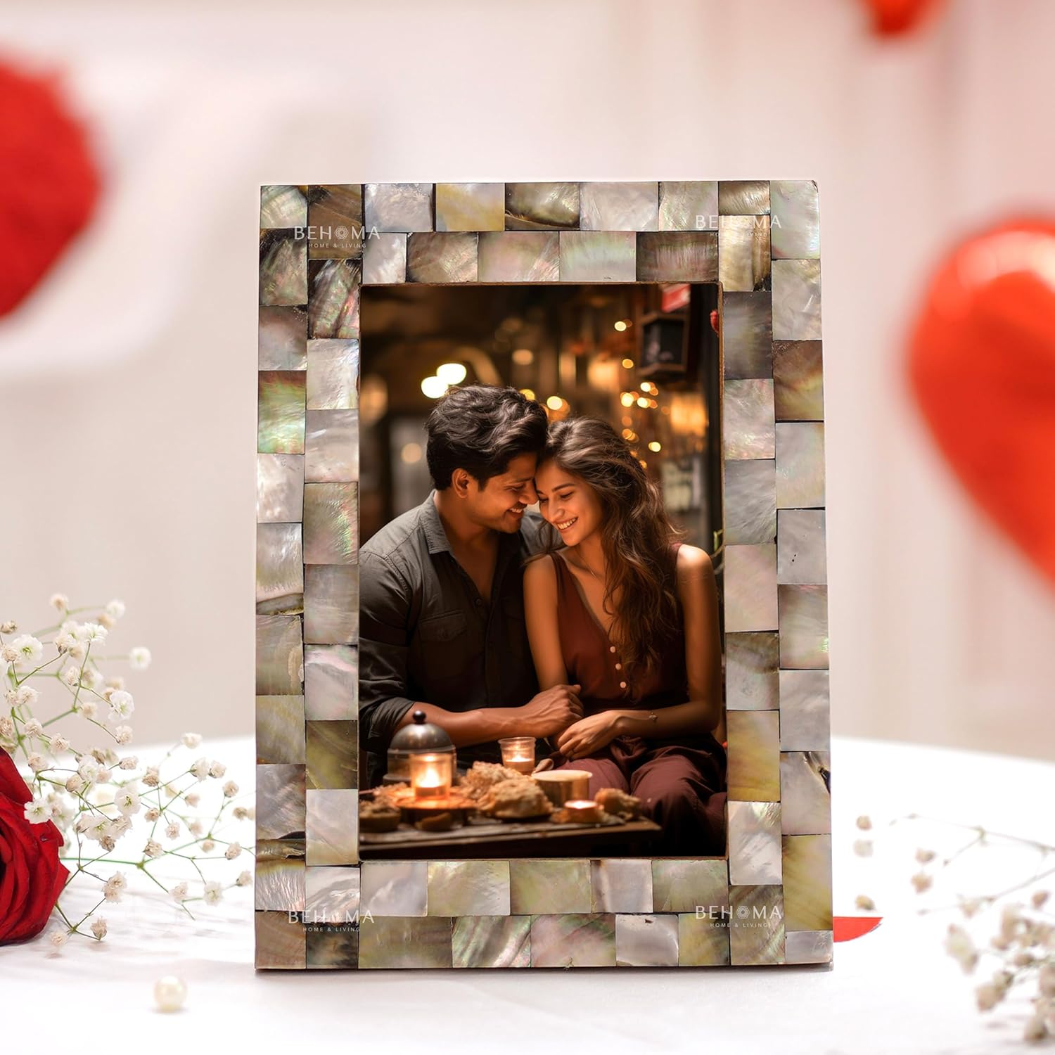 BEHOMA Engineered Wood Elegant Mother Of Pearl Handcrafted Picture Rectangular Photo Frame Tabletop | Best Gift For Home Decor, Birthday, Anniversary, Valentine'S Day (Black, 4X6 Inches)