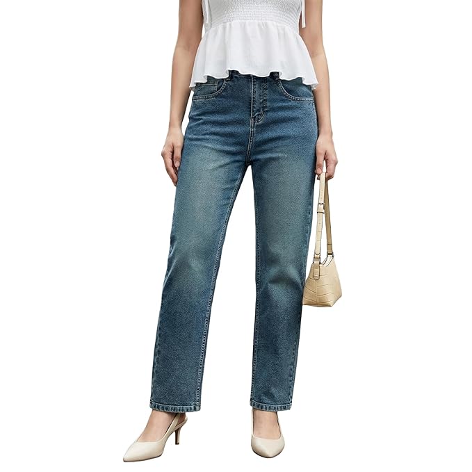 Urbano Fashion Women's High Rise Straight Fit Washed Jeans Non-Stretchable
