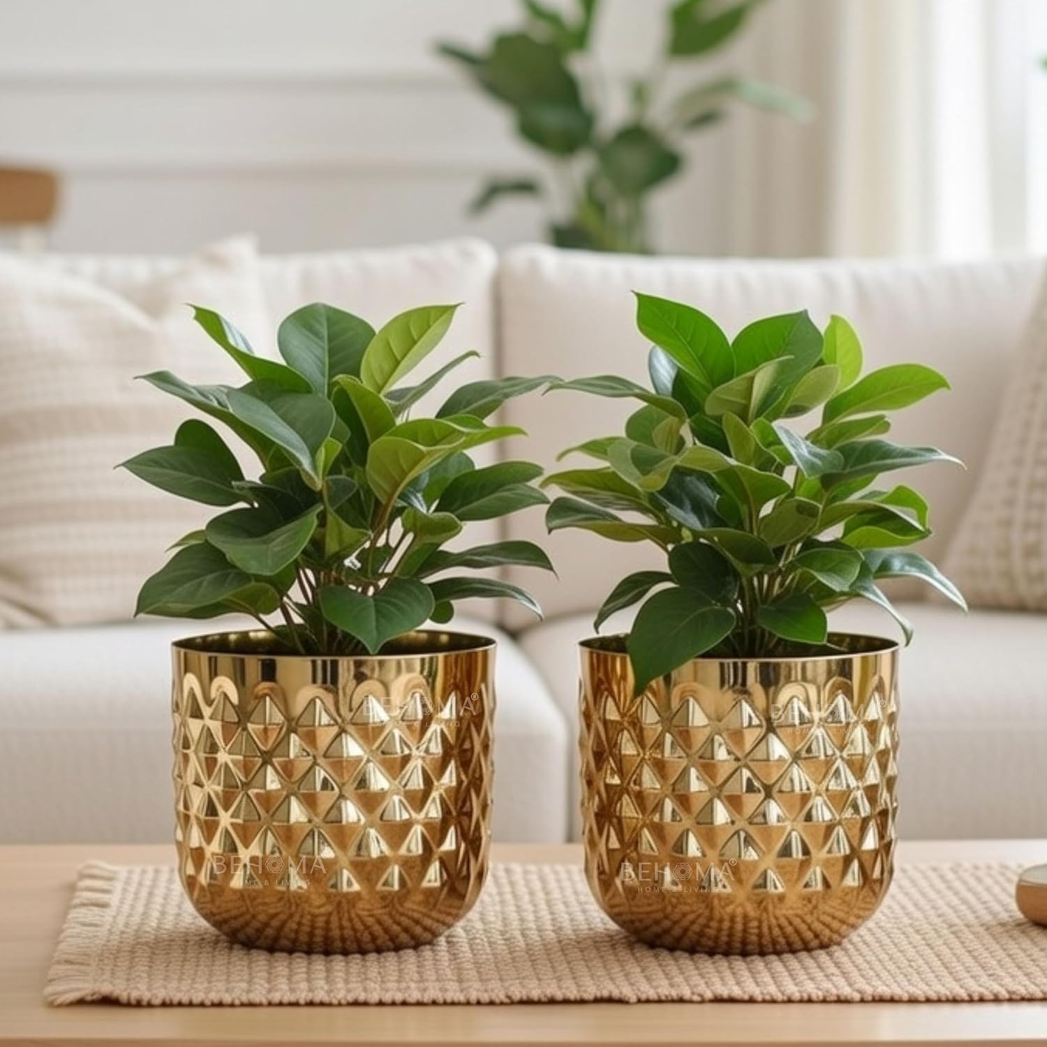 BEHOMA Metal Indoor Planter | Pineapple Texture Modern Plant Pot | Drawing Room Balcony Office Decor for Small Plants | Size Height- 5" x Dia. 6" inch | Golden Set of 2 (Plant not Included)