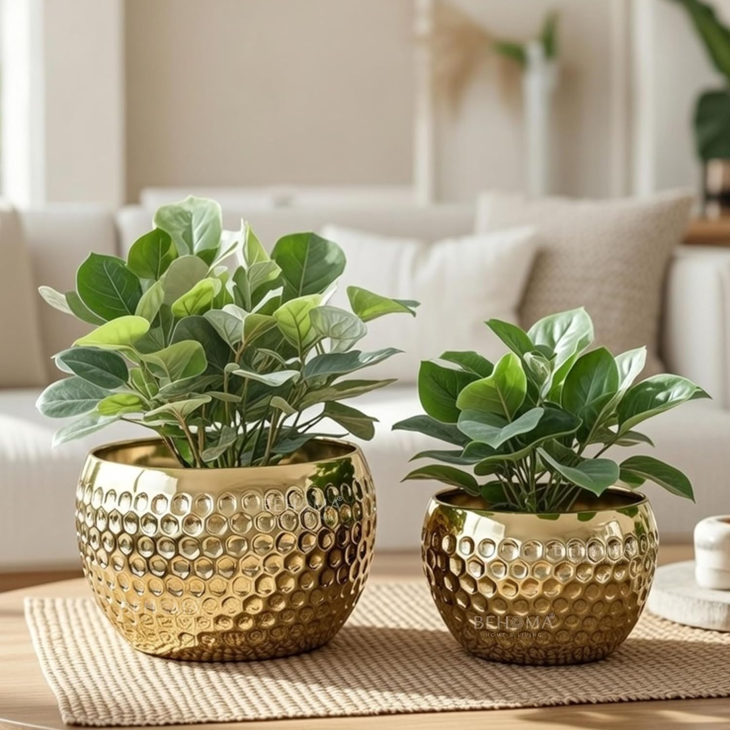 BEHOMA Metal Honeycomb Design Golden Planter for Home Decoration | Plant Pots for Home Living Room Bedroom Office Decor | Set of 2 (Plants not Included)